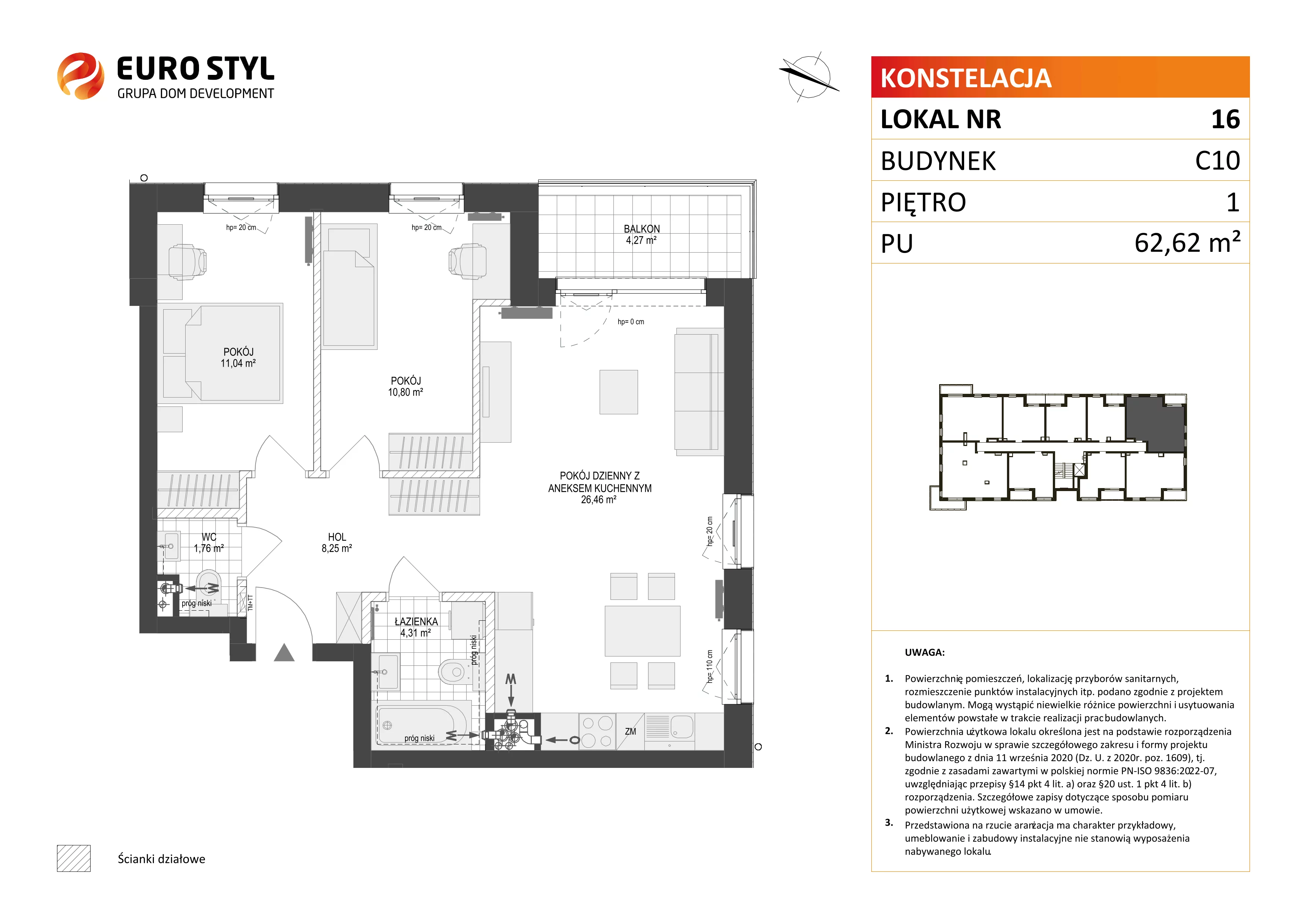 3 pokoje, mieszkanie 62,62 m², piętro 1, oferta nr C10/16, Konstelacja - etap III, Gdynia, Pogórze, ul. Paderewskiego