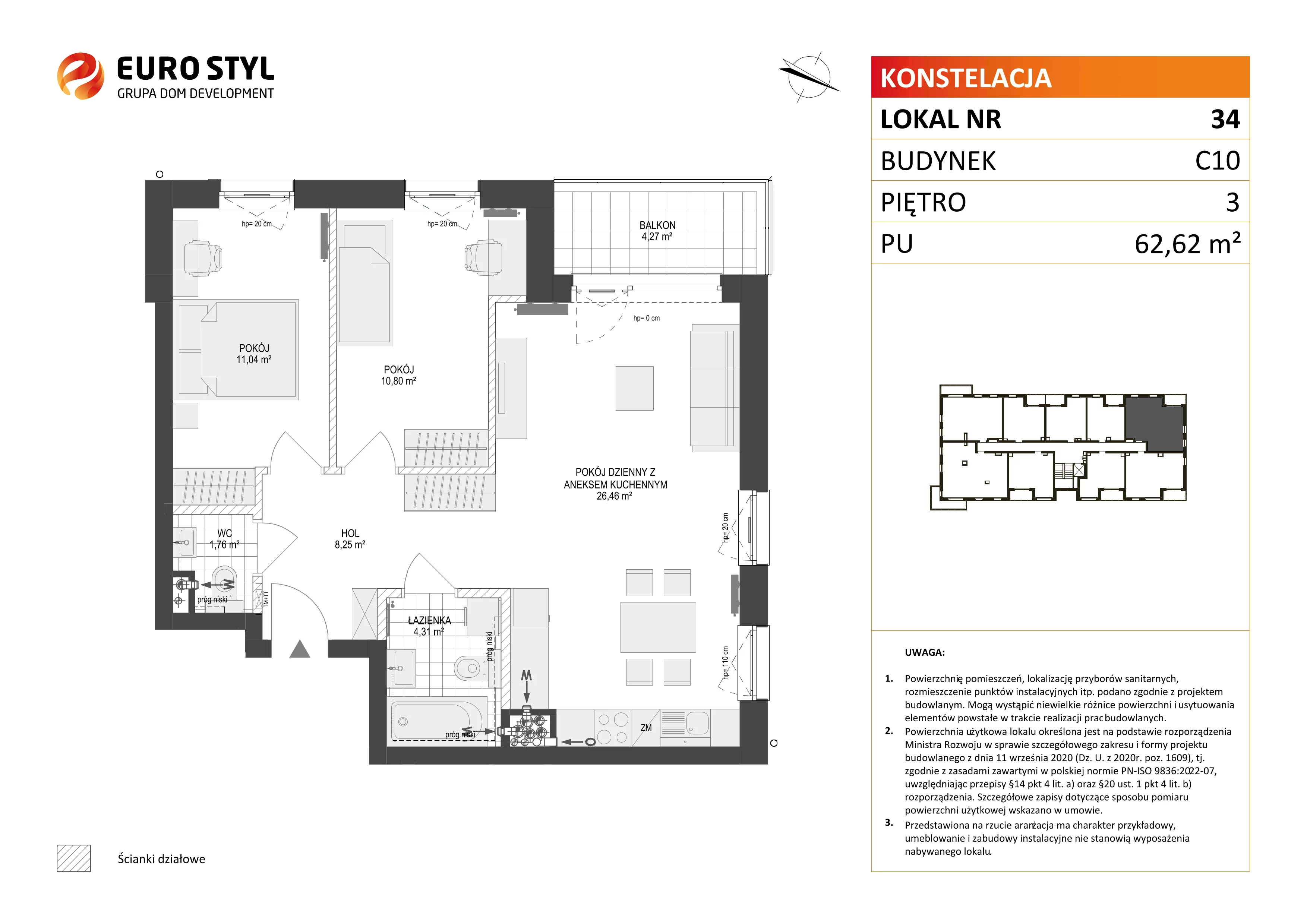 3 pokoje, mieszkanie 62,62 m², piętro 3, oferta nr C10/34, Konstelacja - etap III, Gdynia, Pogórze, ul. Paderewskiego