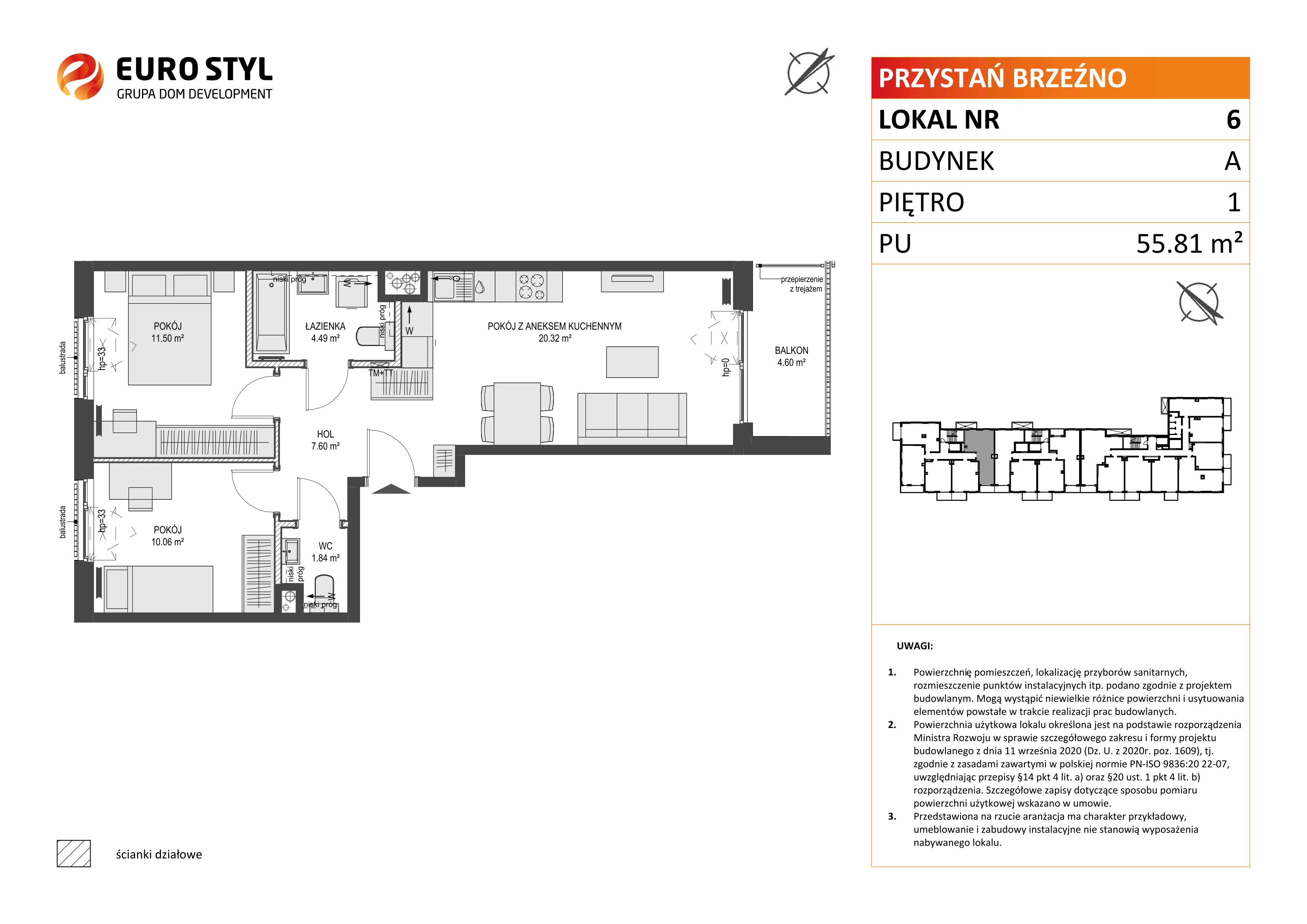 3 pokoje, mieszkanie 55,81 m², piętro 1, oferta nr A/6, Przystań Brzeźno, Gdańsk, Brzeźno, ul. Uczniowska