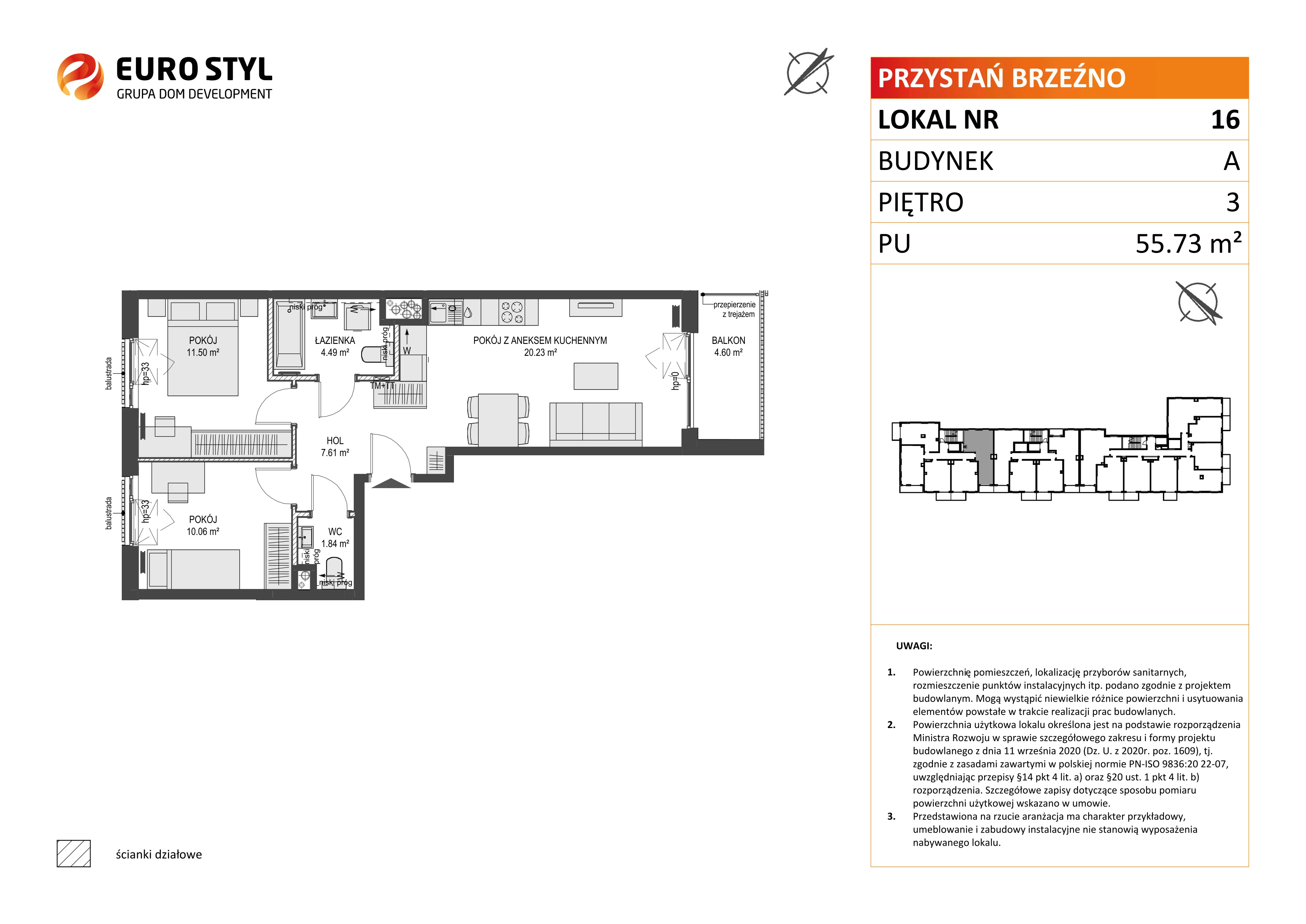 3 pokoje, mieszkanie 55,73 m², piętro 3, oferta nr A/16, Przystań Brzeźno, Gdańsk, Brzeźno, ul. Uczniowska