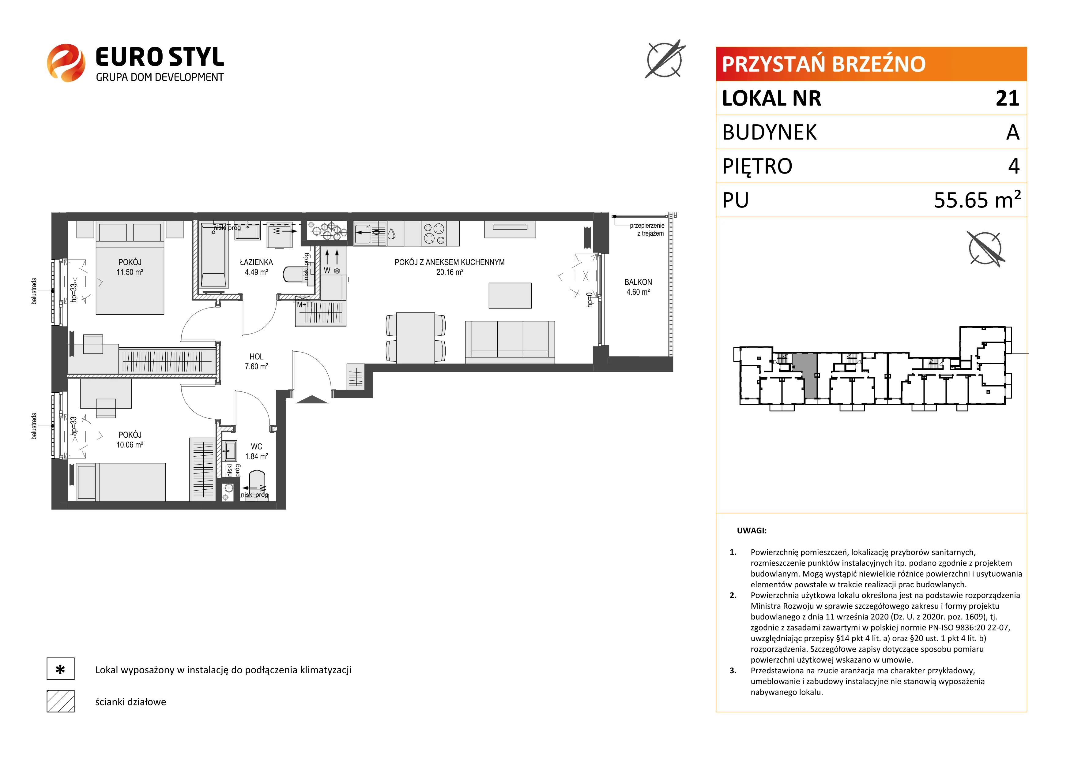 3 pokoje, mieszkanie 55,65 m², piętro 4, oferta nr A/21, Przystań Brzeźno, Gdańsk, Brzeźno, ul. Uczniowska