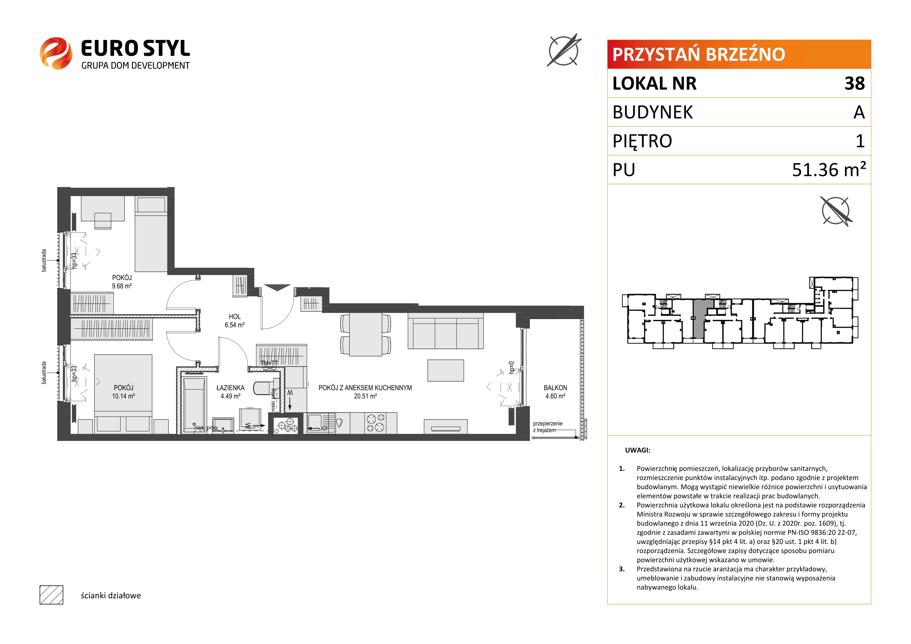 3 pokoje, mieszkanie 51,36 m², piętro 1, oferta nr A/38, Przystań Brzeźno, Gdańsk, Brzeźno, ul. Uczniowska