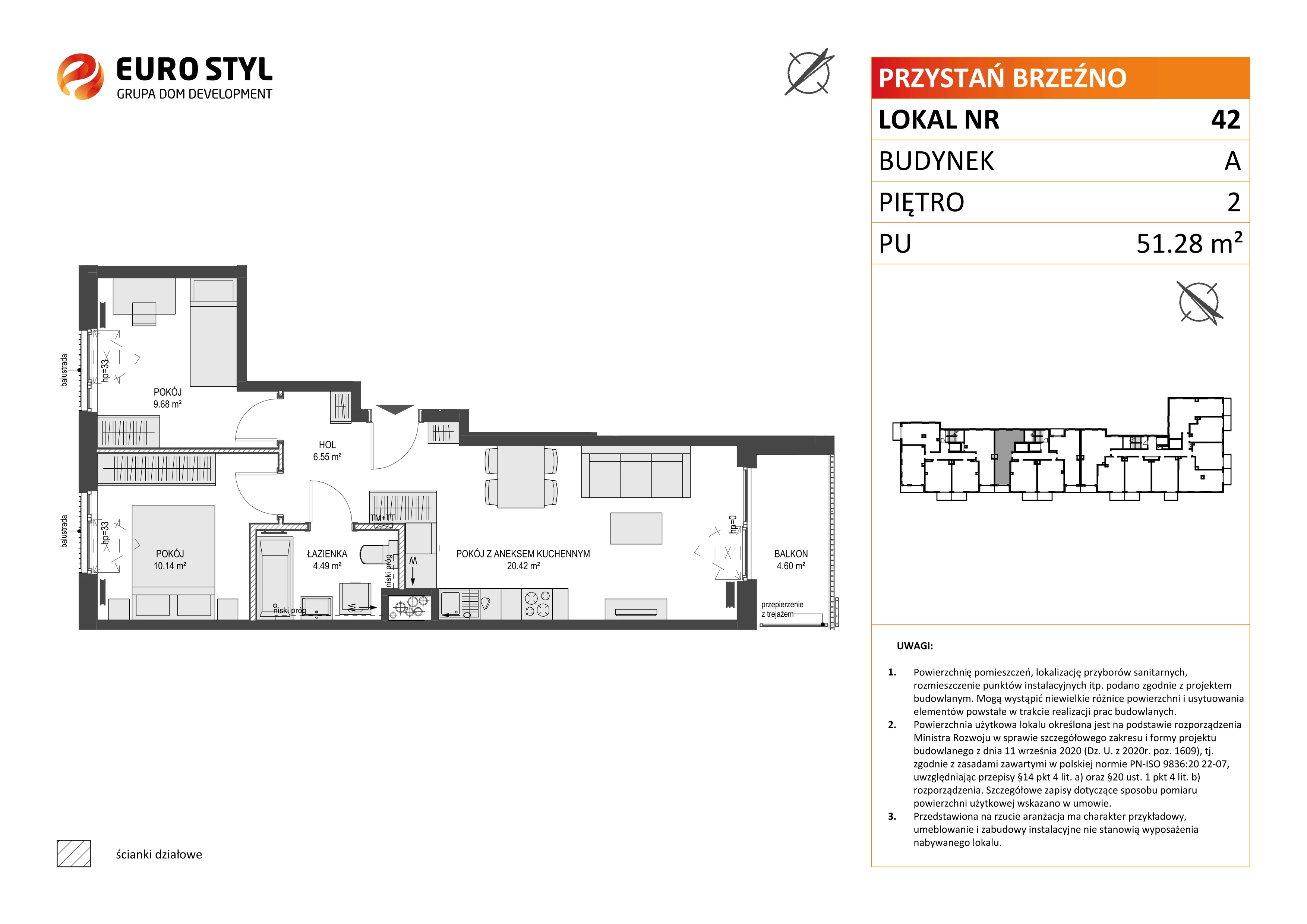 3 pokoje, mieszkanie 51,28 m², piętro 2, oferta nr A/42, Przystań Brzeźno, Gdańsk, Brzeźno, ul. Uczniowska