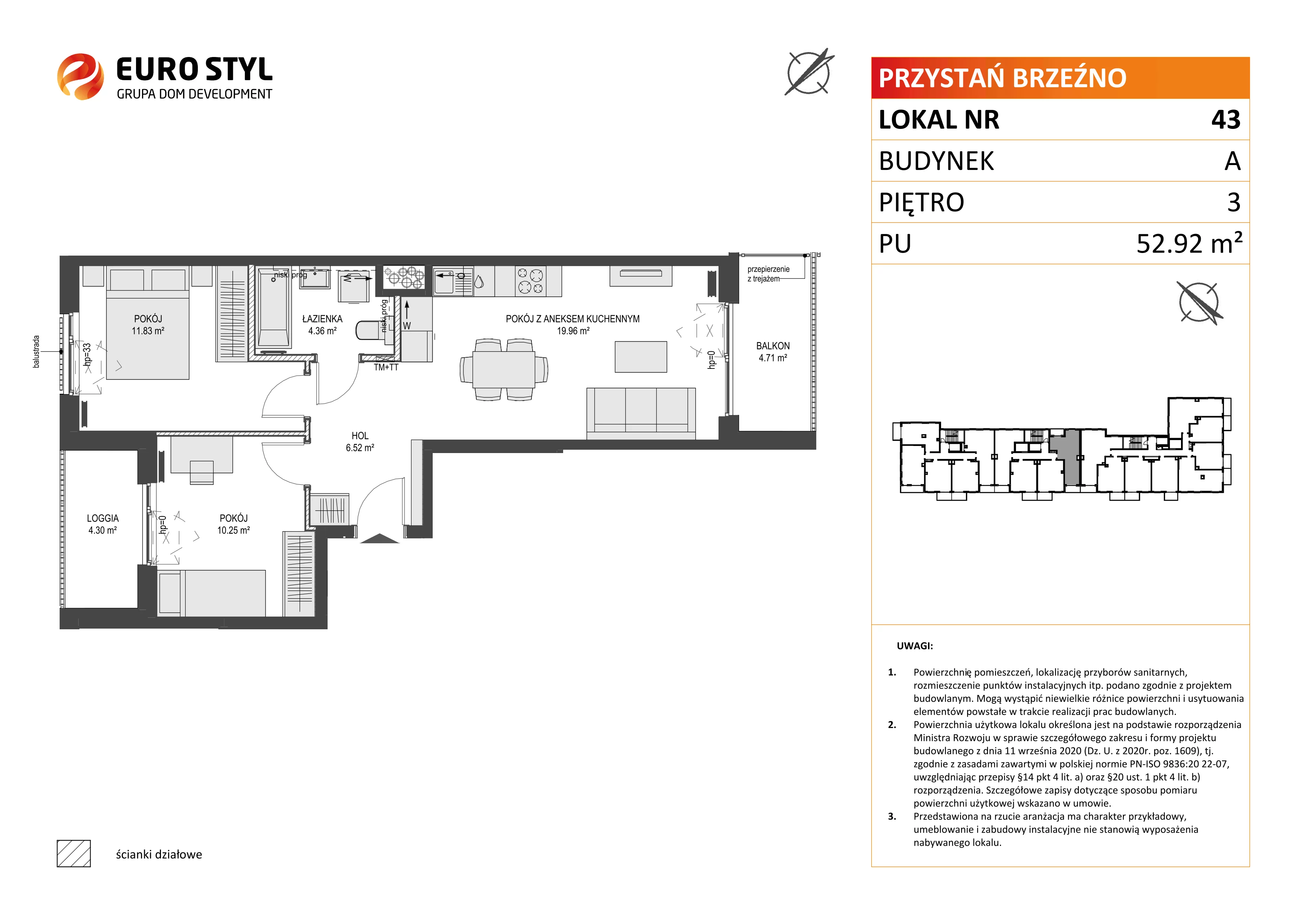 3 pokoje, mieszkanie 52,92 m², piętro 3, oferta nr A/43, Przystań Brzeźno, Gdańsk, Brzeźno, ul. Uczniowska