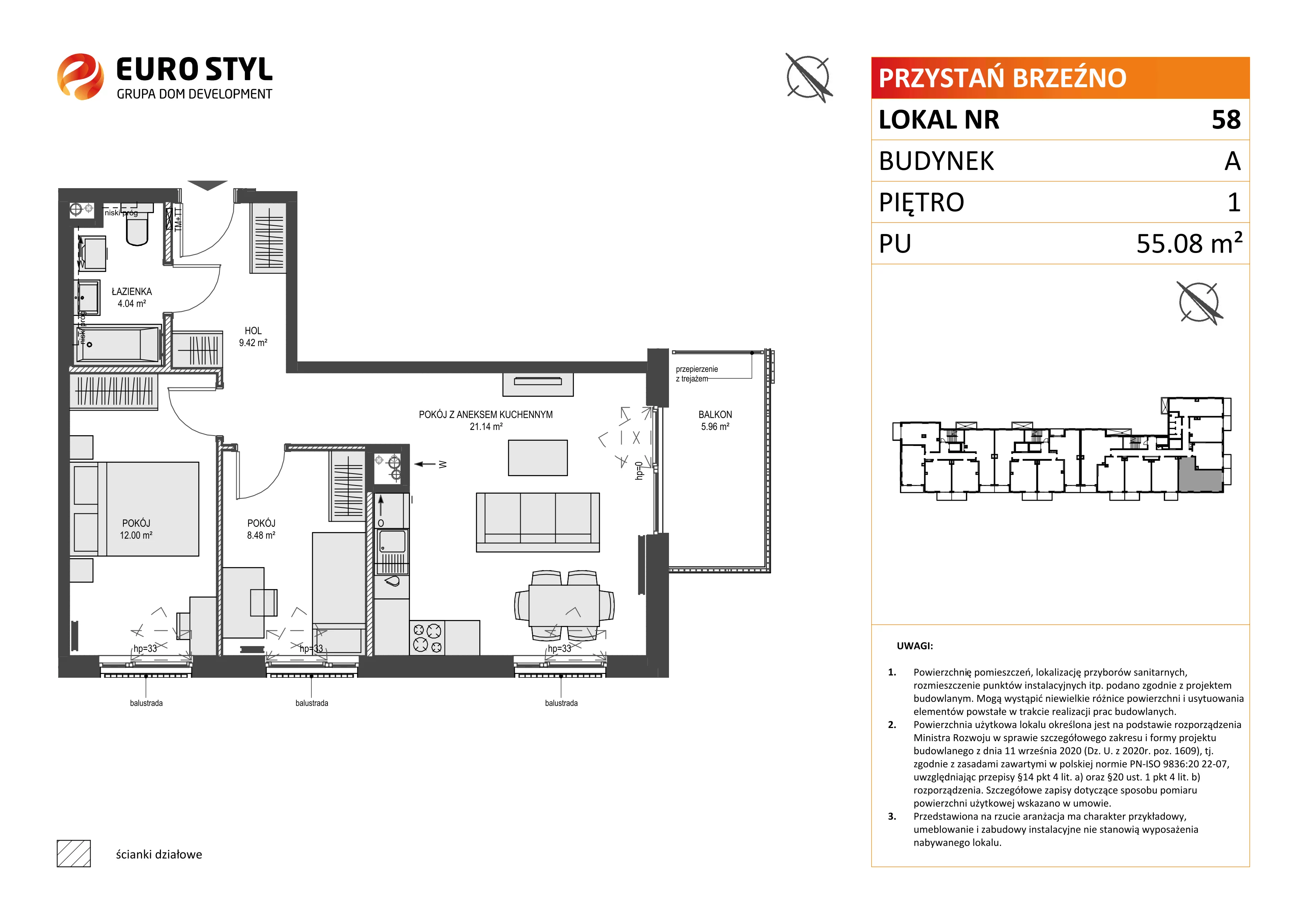 3 pokoje, mieszkanie 55,08 m², piętro 1, oferta nr A/58, Przystań Brzeźno, Gdańsk, Brzeźno, ul. Uczniowska