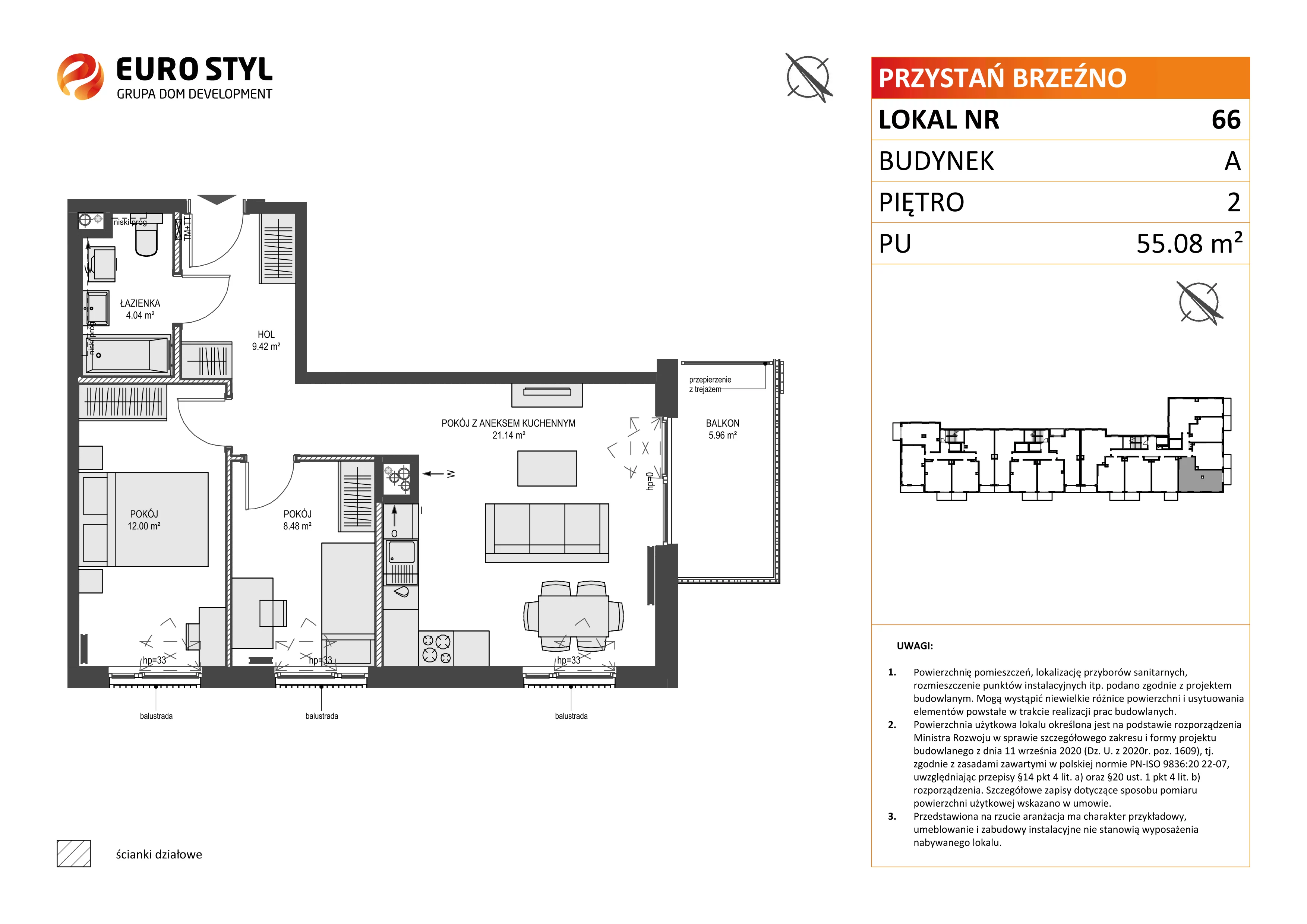 3 pokoje, mieszkanie 55,08 m², piętro 2, oferta nr A/66, Przystań Brzeźno, Gdańsk, Brzeźno, ul. Uczniowska