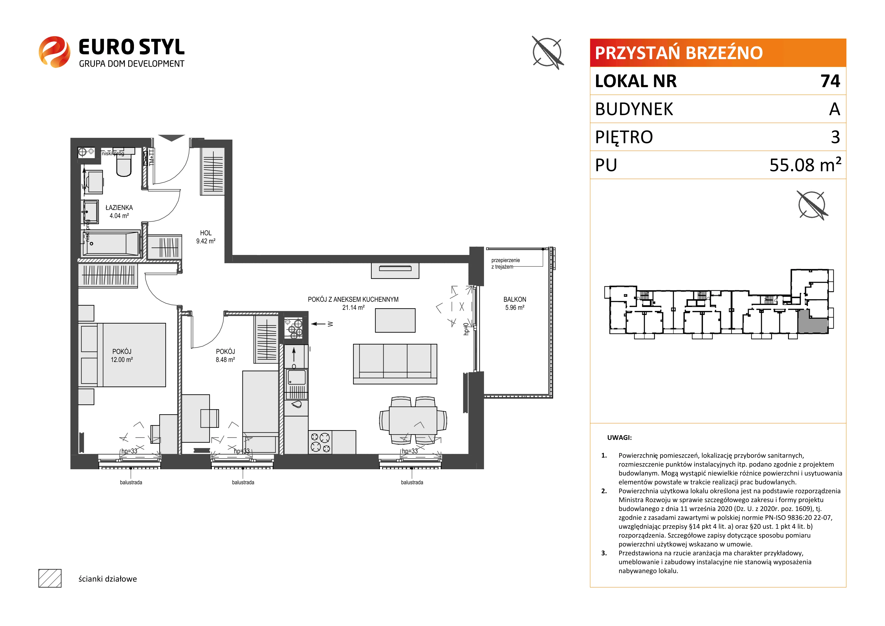 3 pokoje, mieszkanie 55,08 m², piętro 3, oferta nr A/74, Przystań Brzeźno, Gdańsk, Brzeźno, ul. Uczniowska