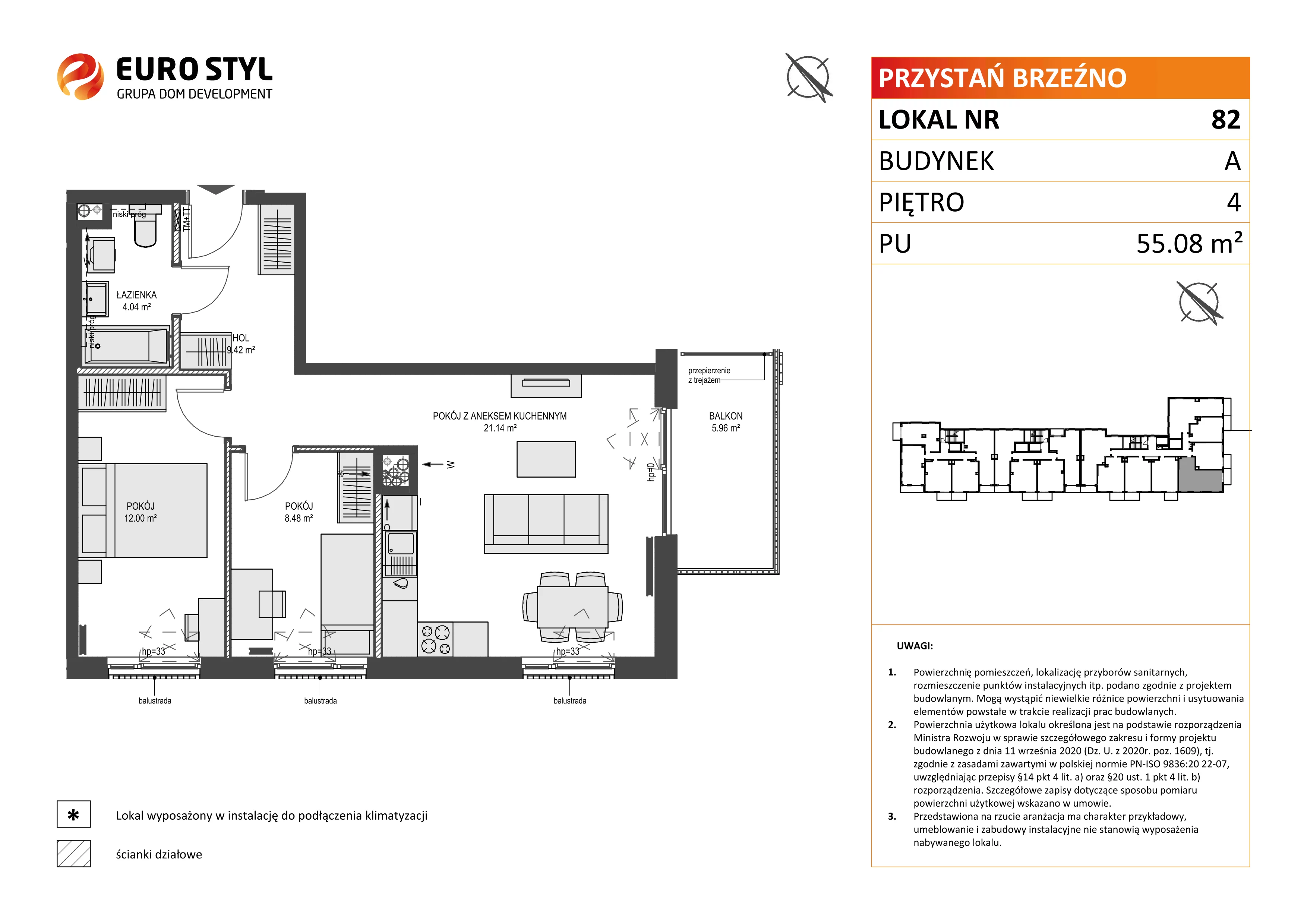 3 pokoje, mieszkanie 55,08 m², piętro 4, oferta nr A/82, Przystań Brzeźno, Gdańsk, Brzeźno, ul. Uczniowska