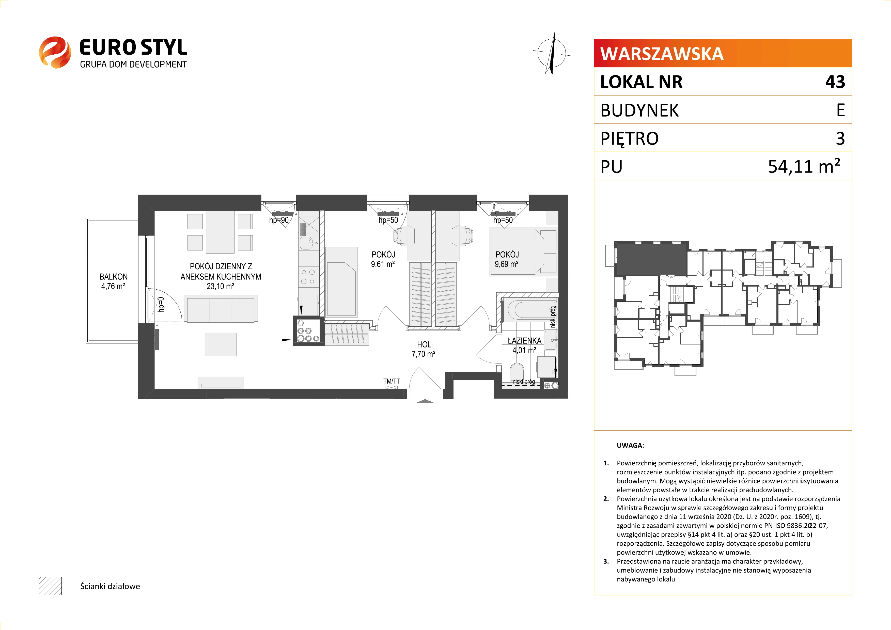 Mieszkanie 54,11 m², piętro 3, oferta nr E/43, Osiedle Warszawska, Gdańsk, Ujeścisko-Łostowice, Ujeścisko, ul. Warszawska