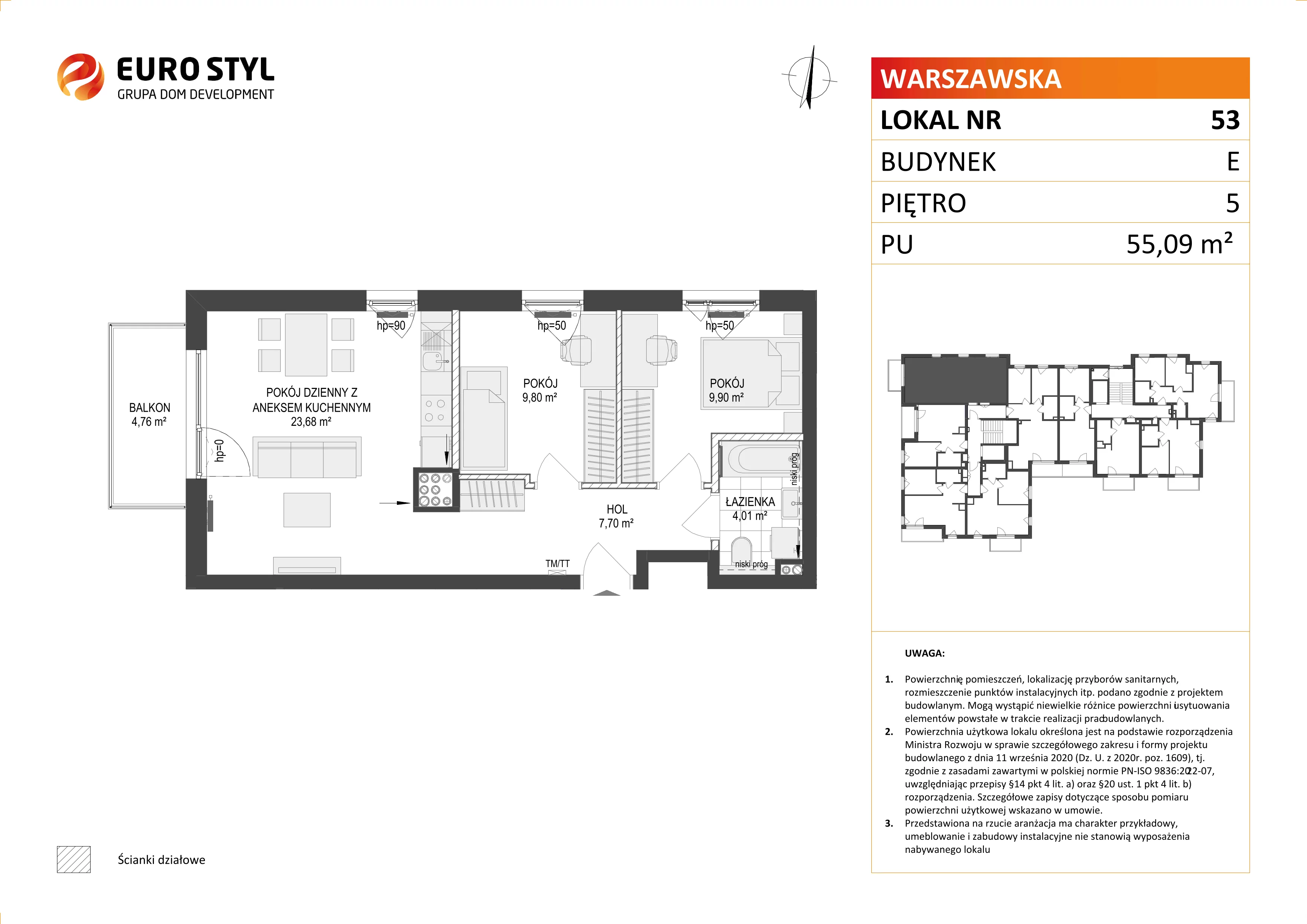 Mieszkanie 55,09 m², piętro 5, oferta nr E/53, Osiedle Warszawska, Gdańsk, Ujeścisko-Łostowice, Ujeścisko, ul. Warszawska