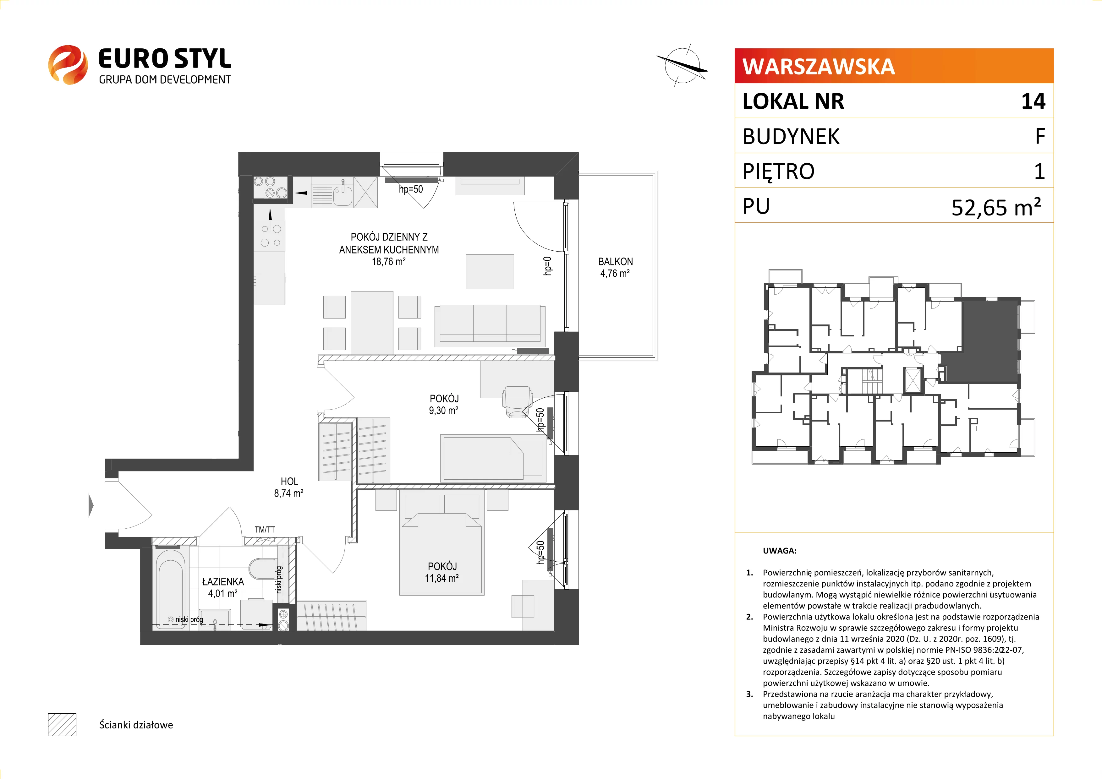 Mieszkanie 52,65 m², piętro 1, oferta nr F/14, Osiedle Warszawska, Gdańsk, Ujeścisko-Łostowice, Ujeścisko, ul. Warszawska