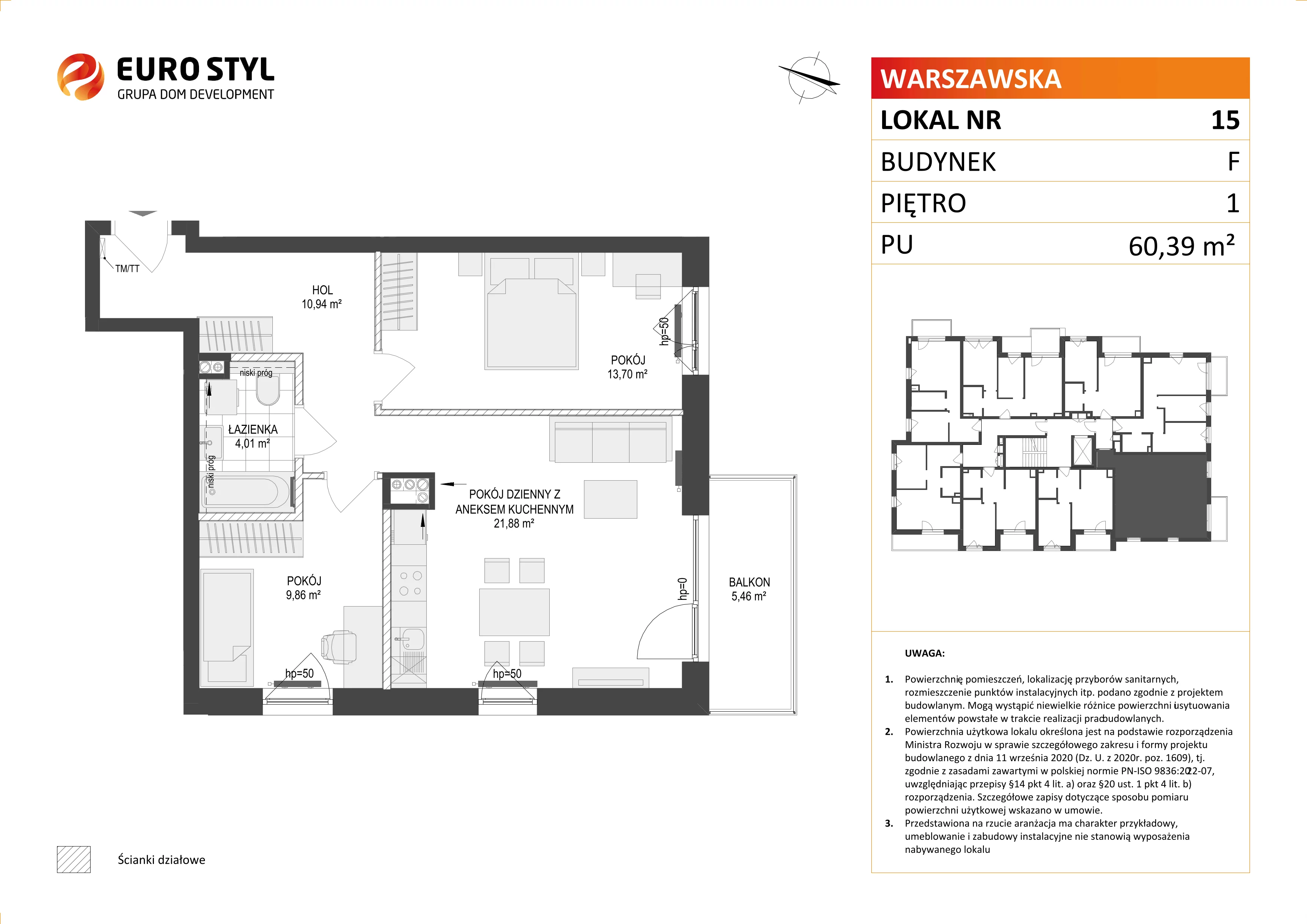 Mieszkanie 60,39 m², piętro 1, oferta nr F/15, Osiedle Warszawska, Gdańsk, Ujeścisko-Łostowice, Ujeścisko, ul. Warszawska