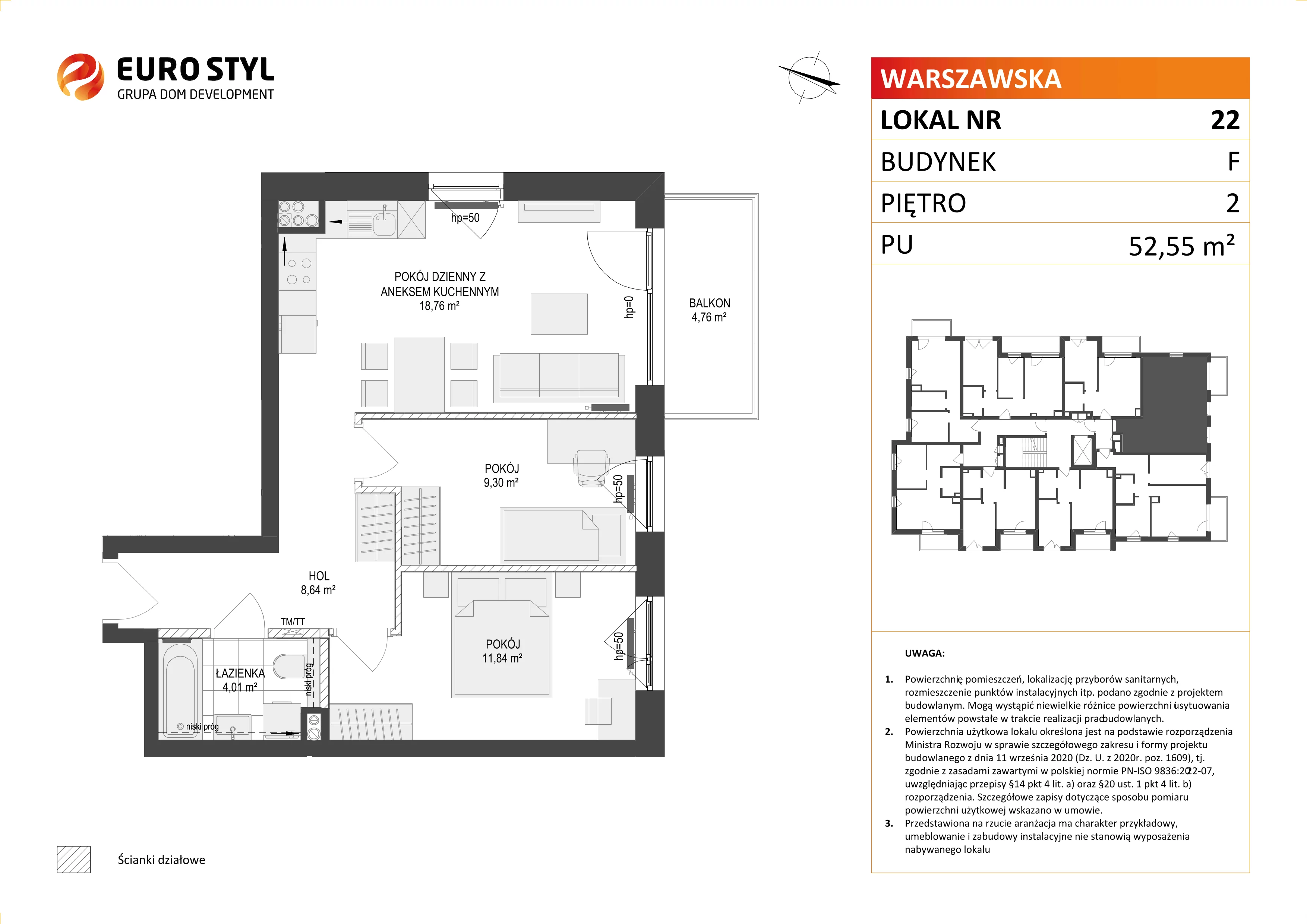 Mieszkanie 52,55 m², piętro 2, oferta nr F/22, Osiedle Warszawska, Gdańsk, Ujeścisko-Łostowice, Ujeścisko, ul. Warszawska