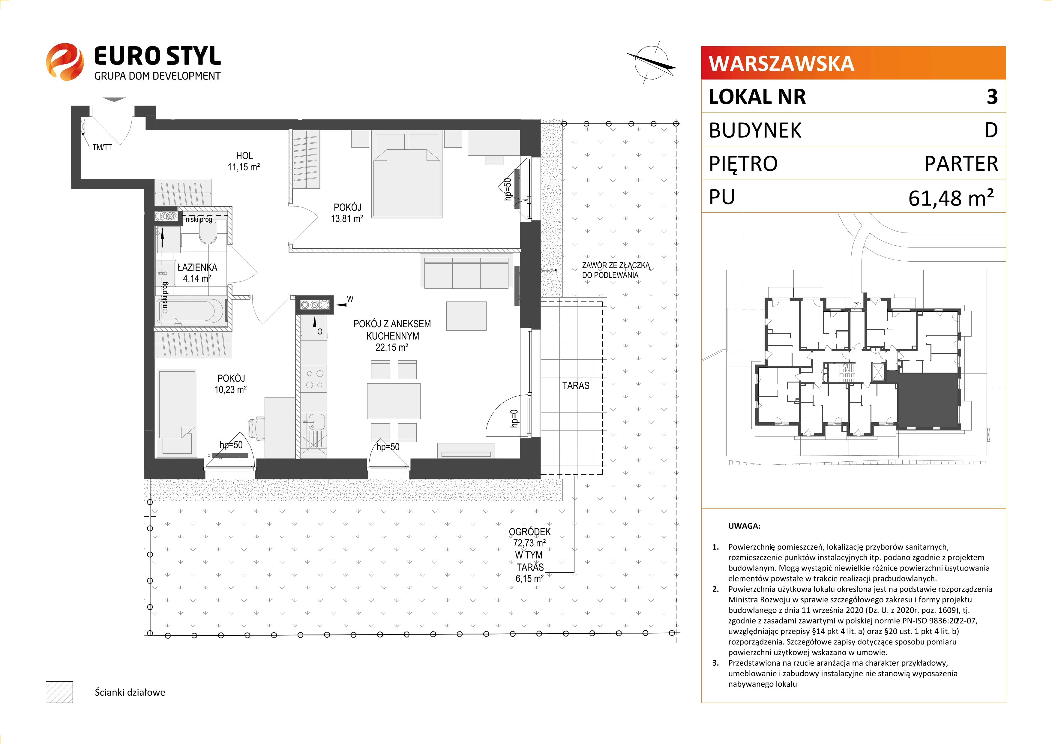 3 pokoje, mieszkanie 61,48 m², parter, oferta nr D/3, Osiedle Warszawska - etap II, Gdańsk, Ujeścisko-Łostowice, Ujeścisko, ul. Warszawska