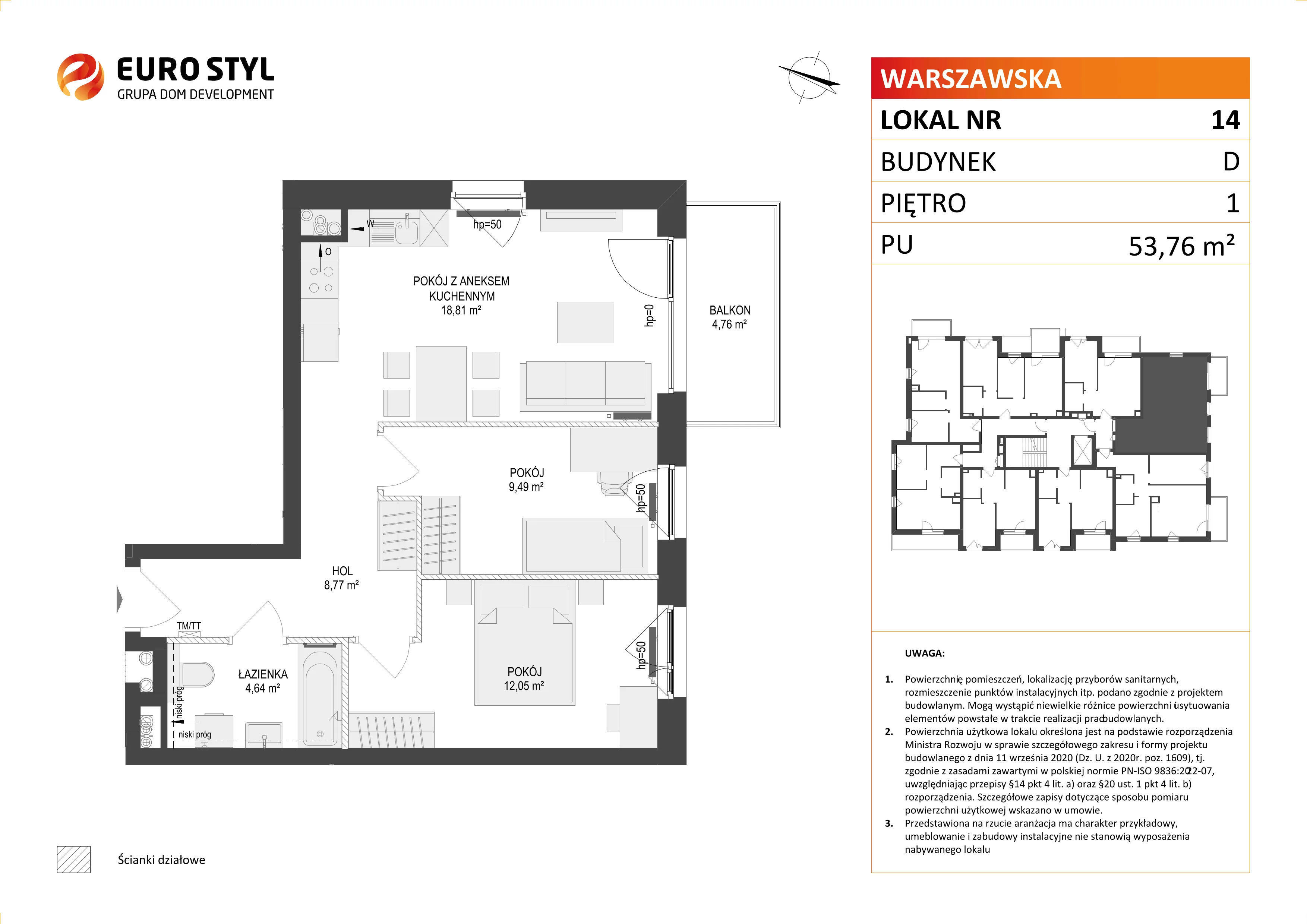 3 pokoje, mieszkanie 53,76 m², piętro 1, oferta nr D/14, Osiedle Warszawska - etap II, Gdańsk, Ujeścisko-Łostowice, Ujeścisko, ul. Warszawska