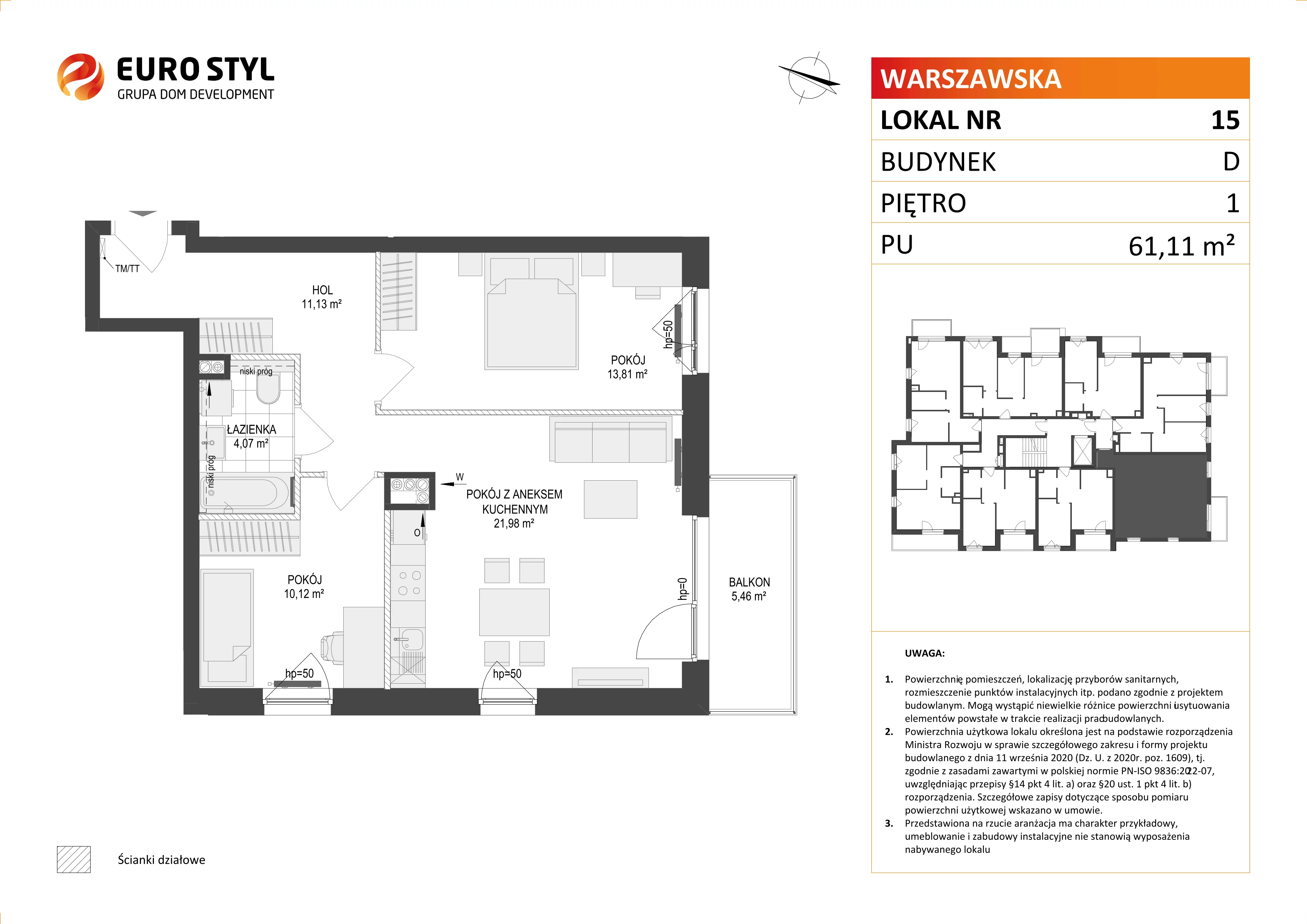 3 pokoje, mieszkanie 61,11 m², piętro 1, oferta nr D/15, Osiedle Warszawska - etap II, Gdańsk, Ujeścisko-Łostowice, Ujeścisko, ul. Warszawska