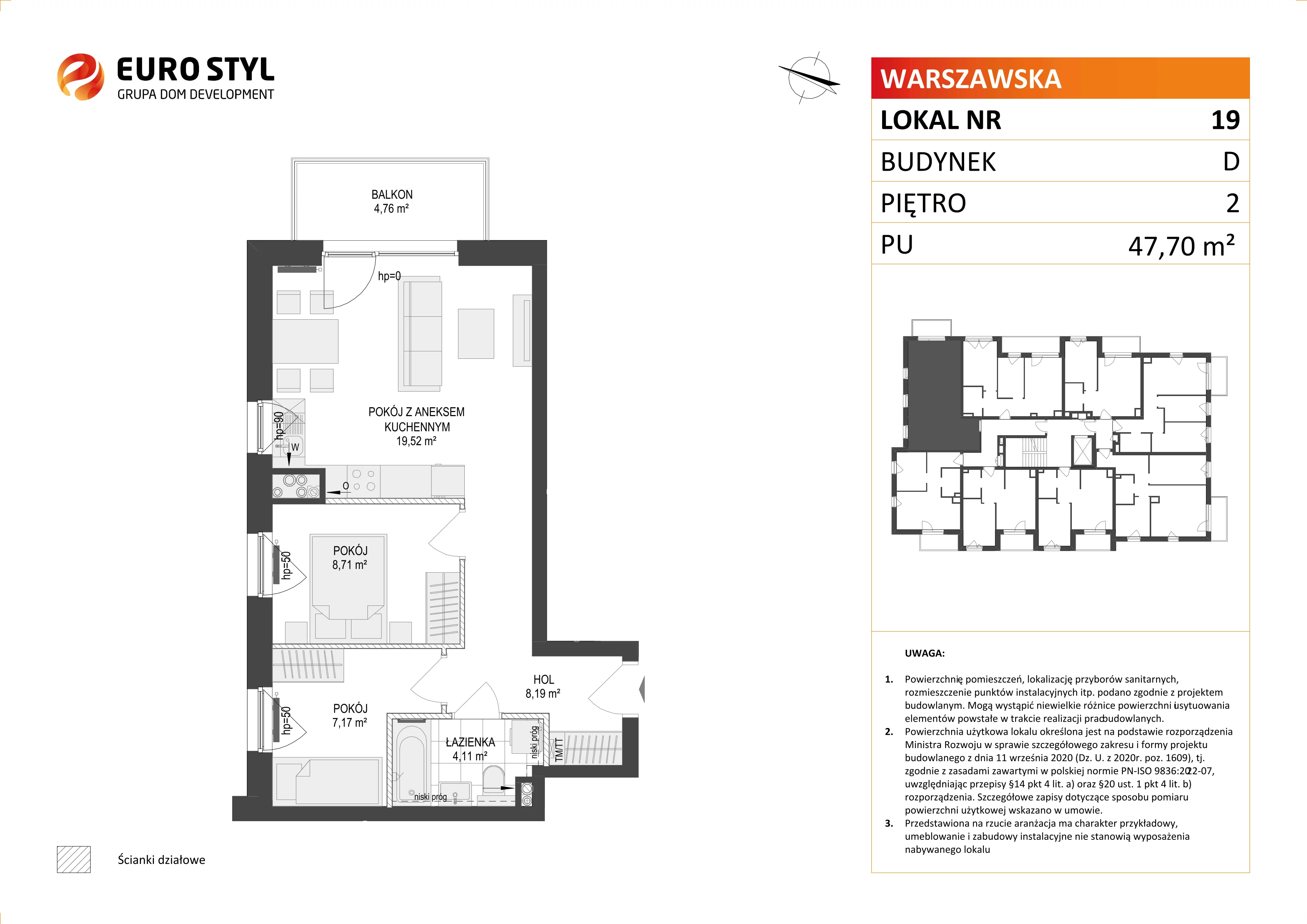 3 pokoje, mieszkanie 47,70 m², piętro 2, oferta nr D/19, Osiedle Warszawska - etap II, Gdańsk, Ujeścisko-Łostowice, Ujeścisko, ul. Warszawska