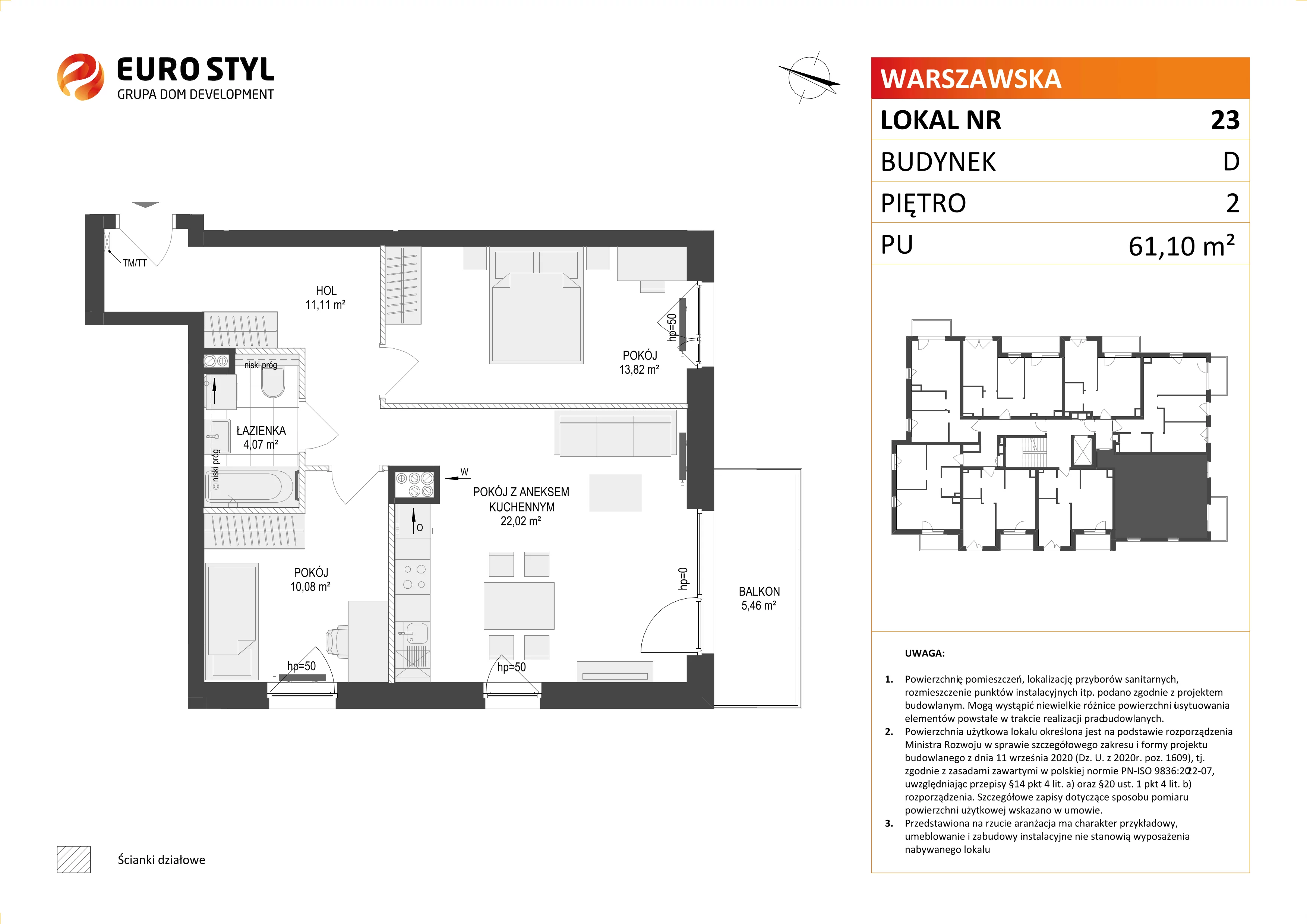 3 pokoje, mieszkanie 61,10 m², piętro 2, oferta nr D/23, Osiedle Warszawska - etap II, Gdańsk, Ujeścisko-Łostowice, Ujeścisko, ul. Warszawska