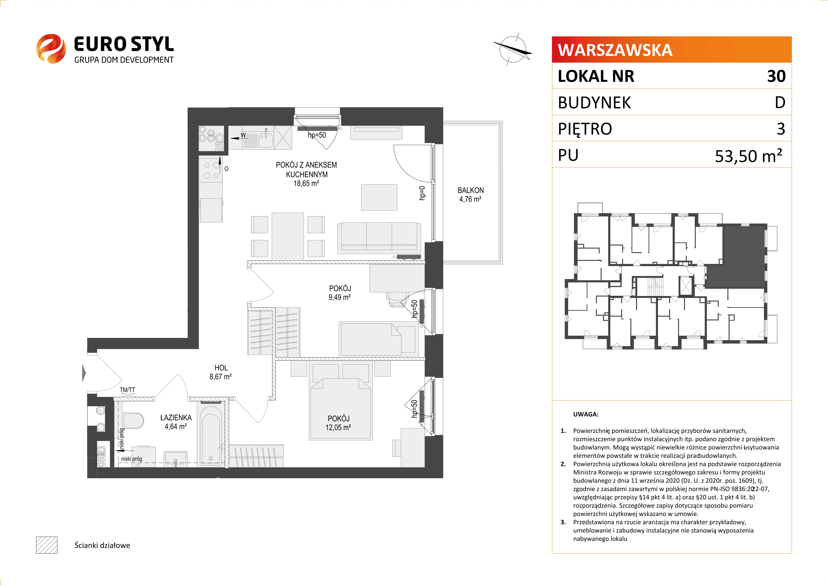 3 pokoje, mieszkanie 53,50 m², piętro 3, oferta nr D/30, Osiedle Warszawska - etap II, Gdańsk, Ujeścisko-Łostowice, Ujeścisko, ul. Warszawska