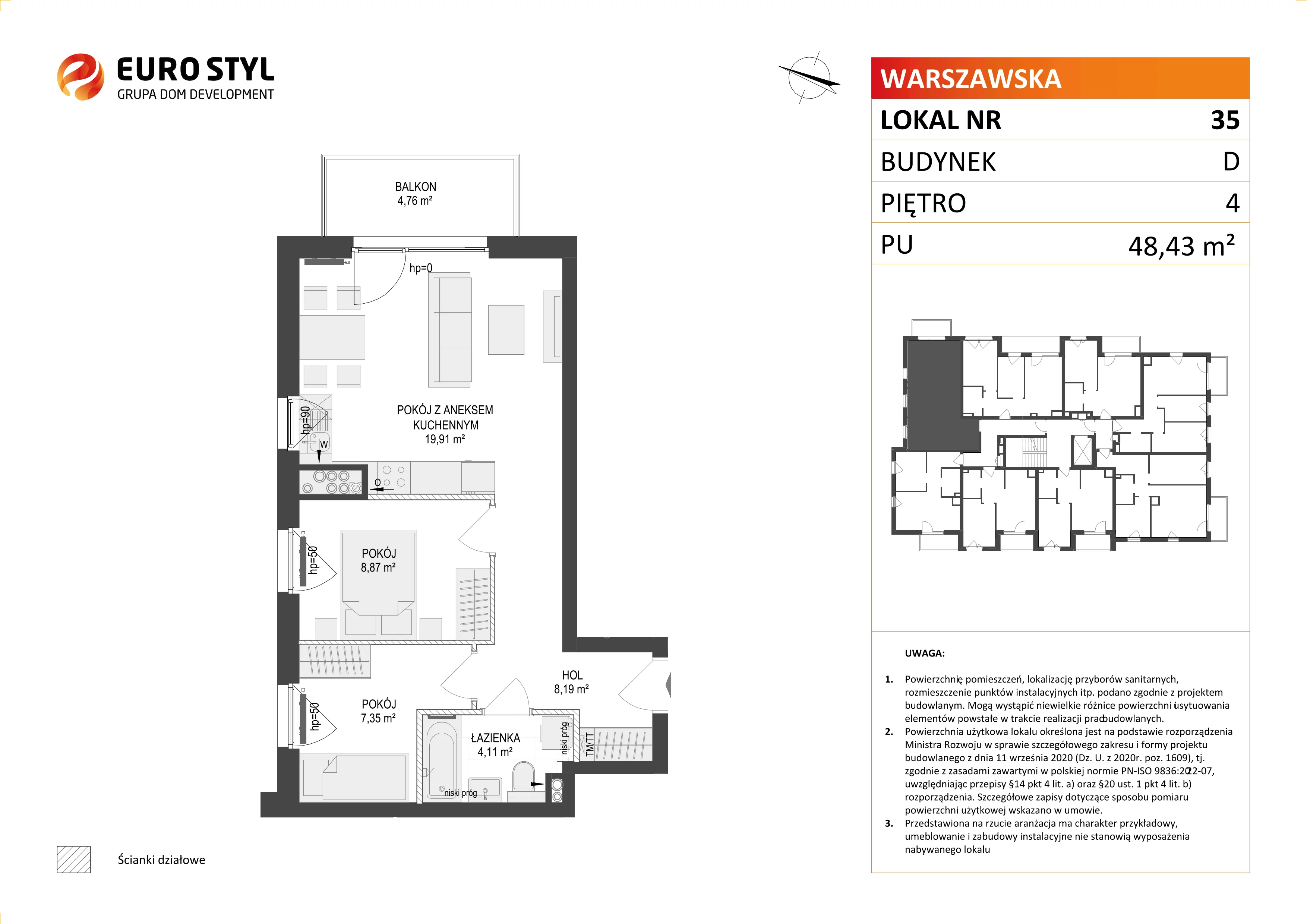 3 pokoje, mieszkanie 48,43 m², piętro 4, oferta nr D/35, Osiedle Warszawska - etap II, Gdańsk, Ujeścisko-Łostowice, Ujeścisko, ul. Warszawska