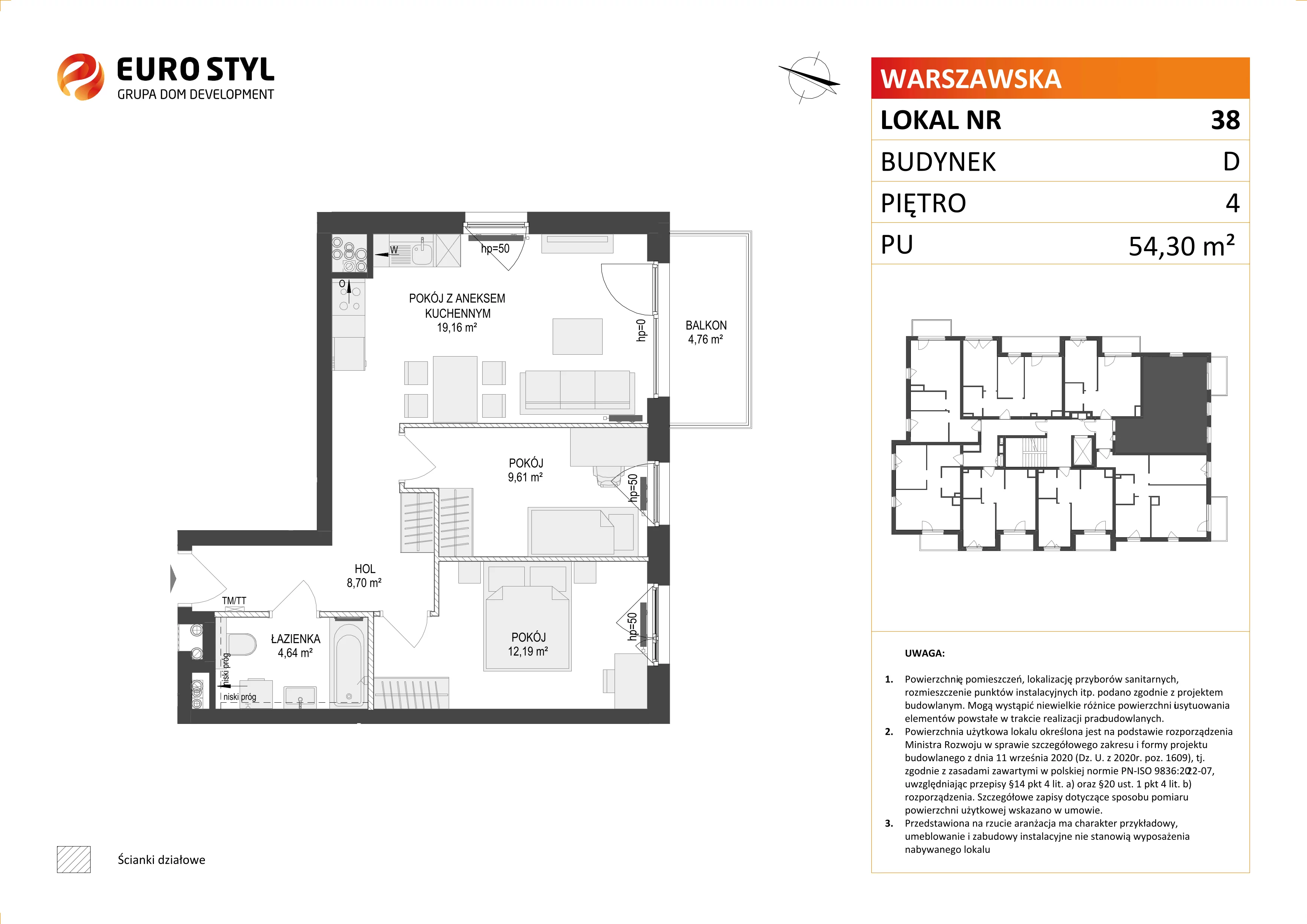3 pokoje, mieszkanie 54,30 m², piętro 4, oferta nr D/38, Osiedle Warszawska - etap II, Gdańsk, Ujeścisko-Łostowice, Ujeścisko, ul. Warszawska