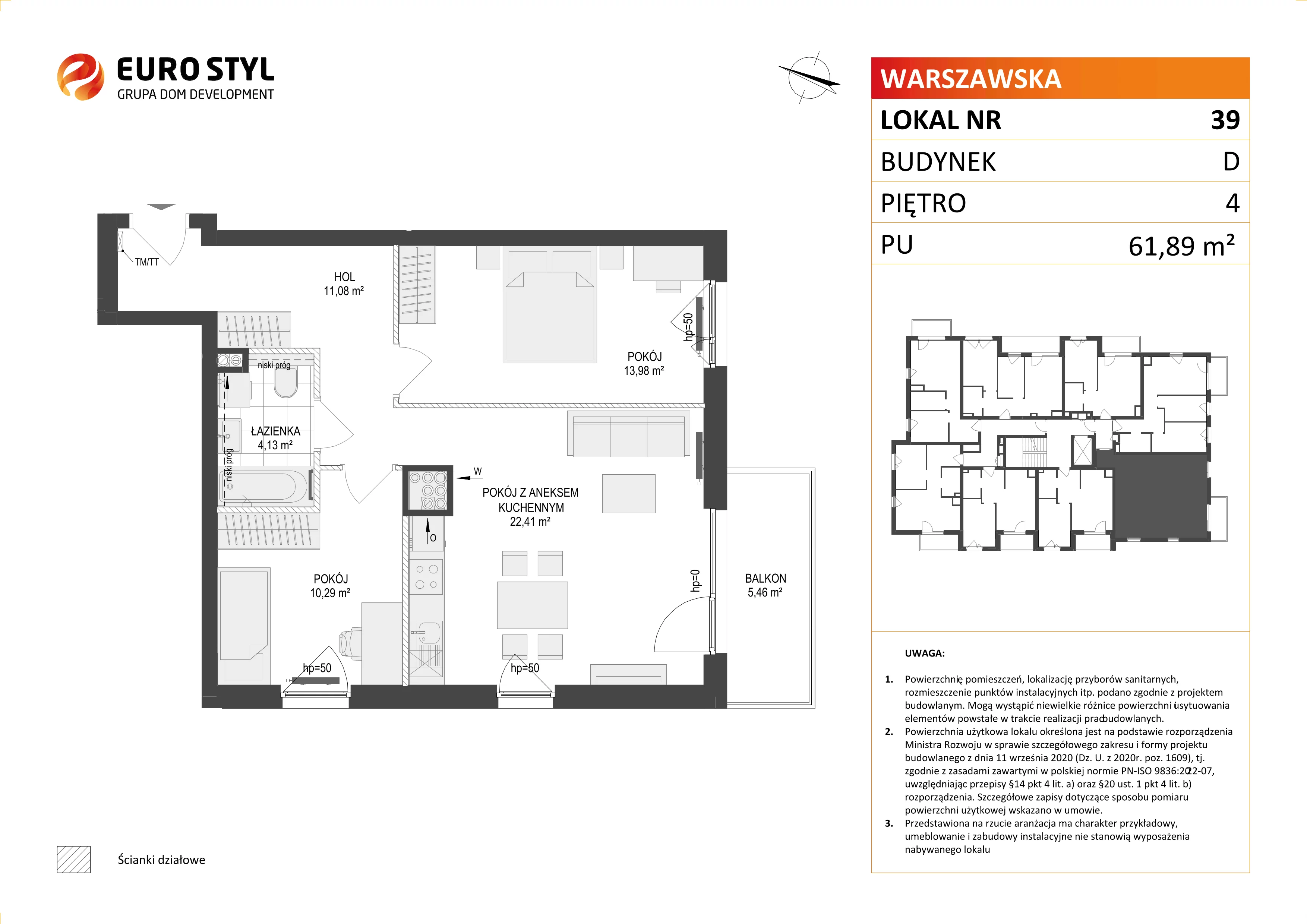 3 pokoje, mieszkanie 61,89 m², piętro 4, oferta nr D/39, Osiedle Warszawska - etap II, Gdańsk, Ujeścisko-Łostowice, Ujeścisko, ul. Warszawska