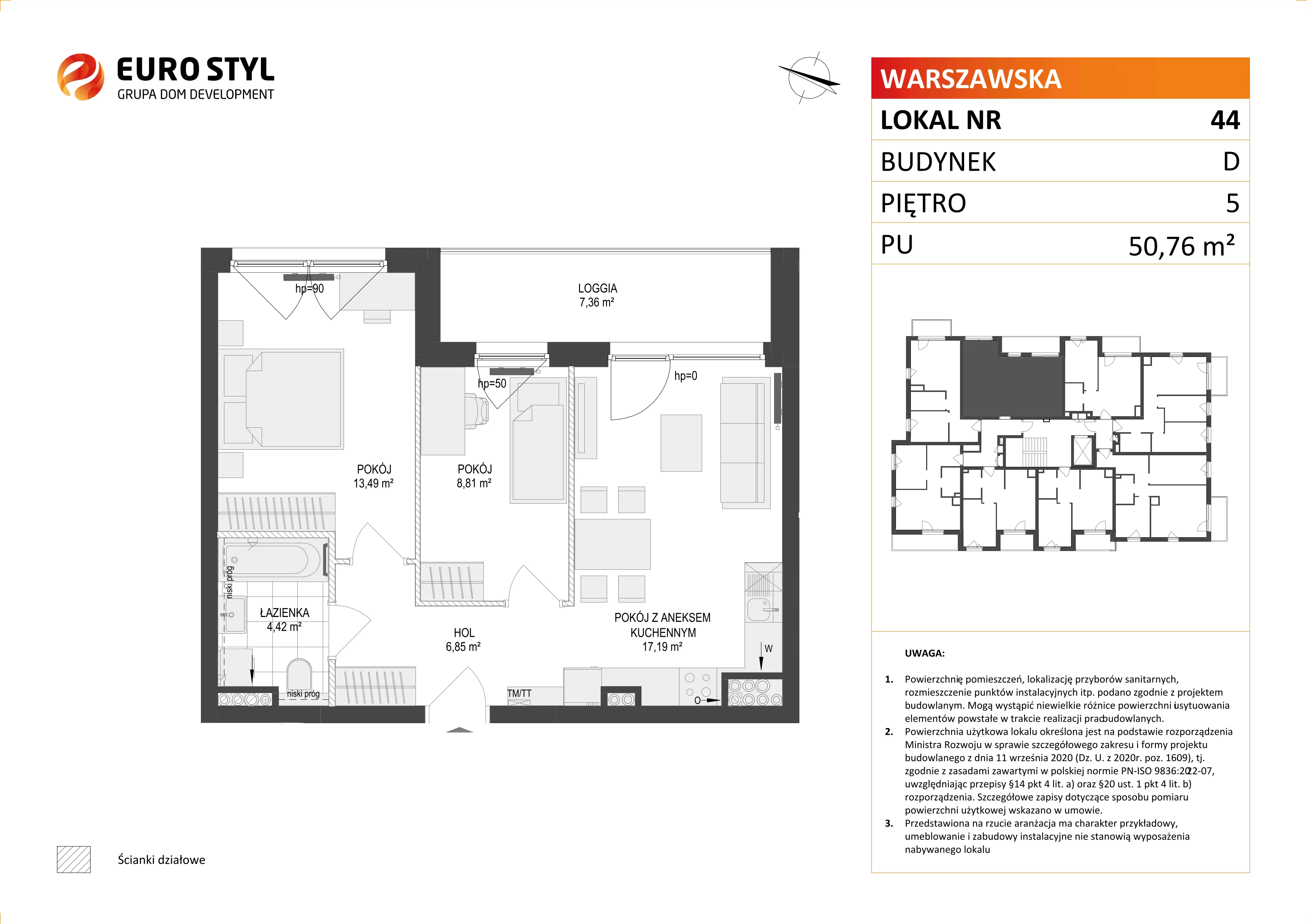 3 pokoje, mieszkanie 50,76 m², piętro 5, oferta nr D/44, Osiedle Warszawska - etap II, Gdańsk, Ujeścisko-Łostowice, Ujeścisko, ul. Warszawska