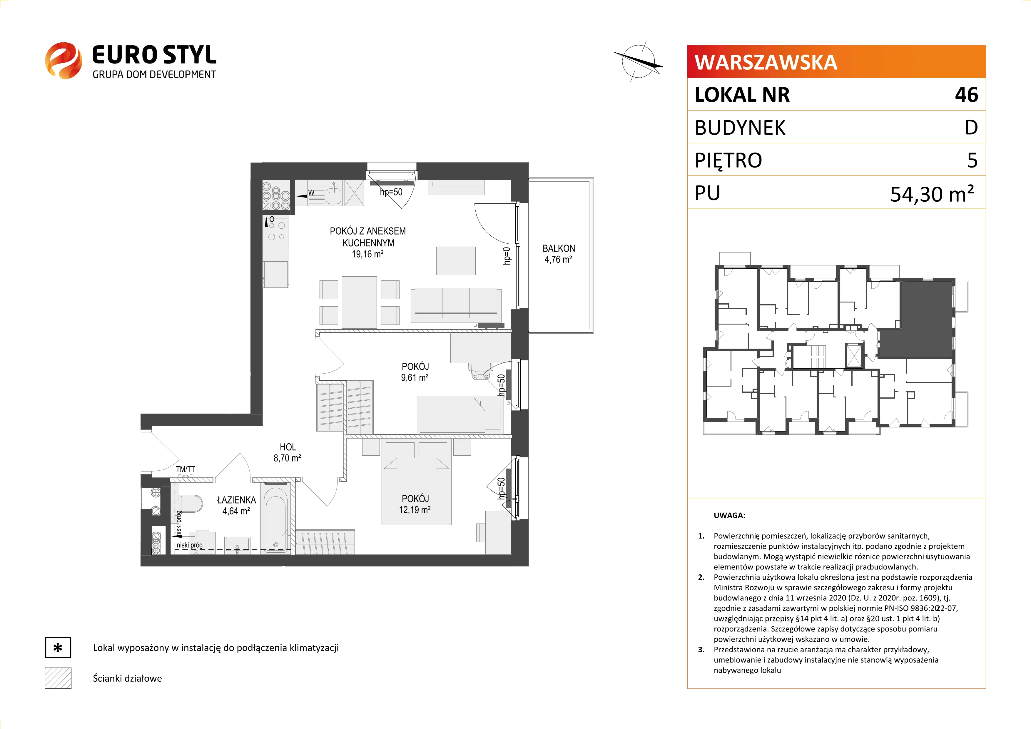 3 pokoje, mieszkanie 54,30 m², piętro 5, oferta nr D/46, Osiedle Warszawska - etap II, Gdańsk, Ujeścisko-Łostowice, Ujeścisko, ul. Warszawska