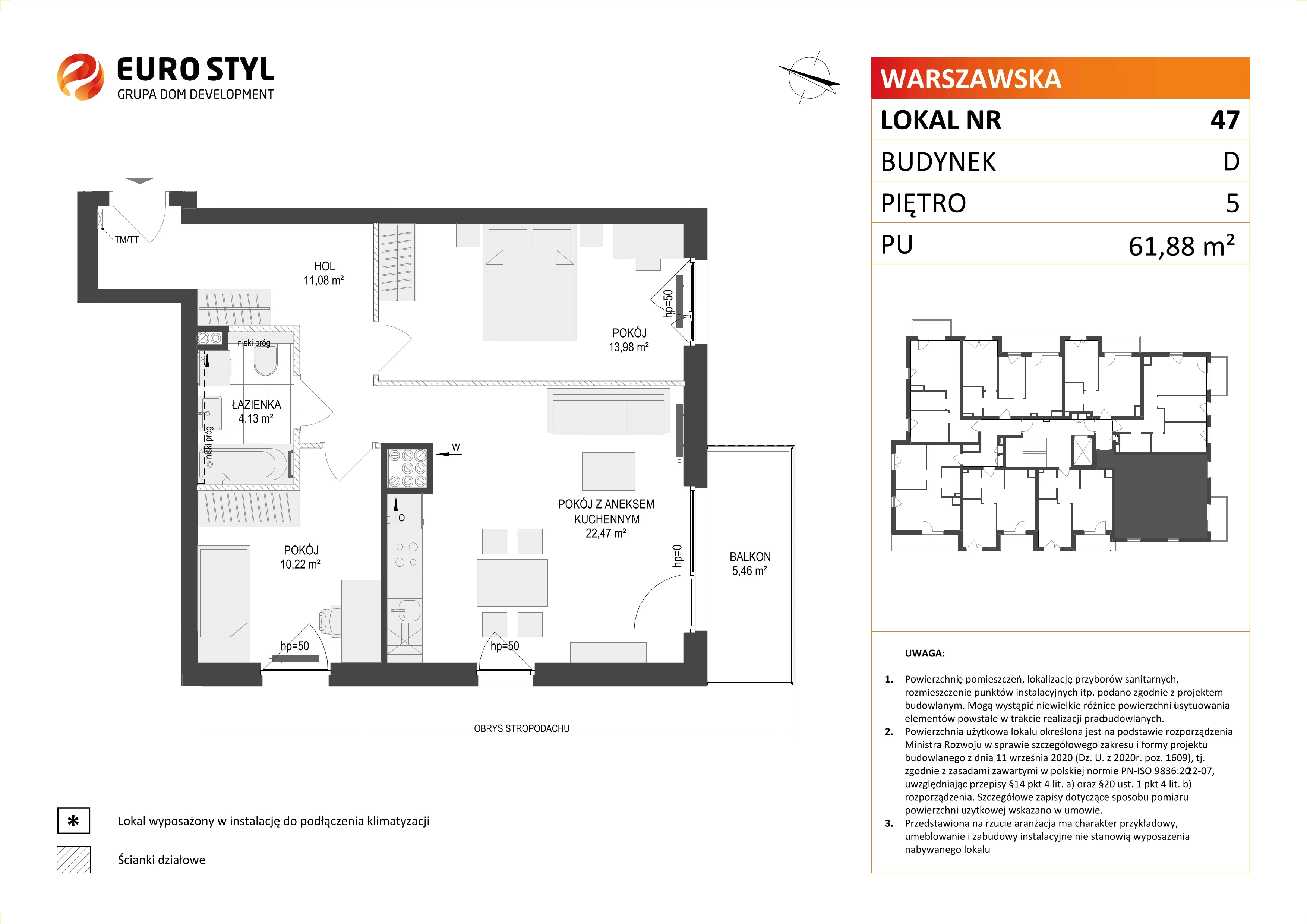 3 pokoje, mieszkanie 61,88 m², piętro 5, oferta nr D/47, Osiedle Warszawska - etap II, Gdańsk, Ujeścisko-Łostowice, Ujeścisko, ul. Warszawska
