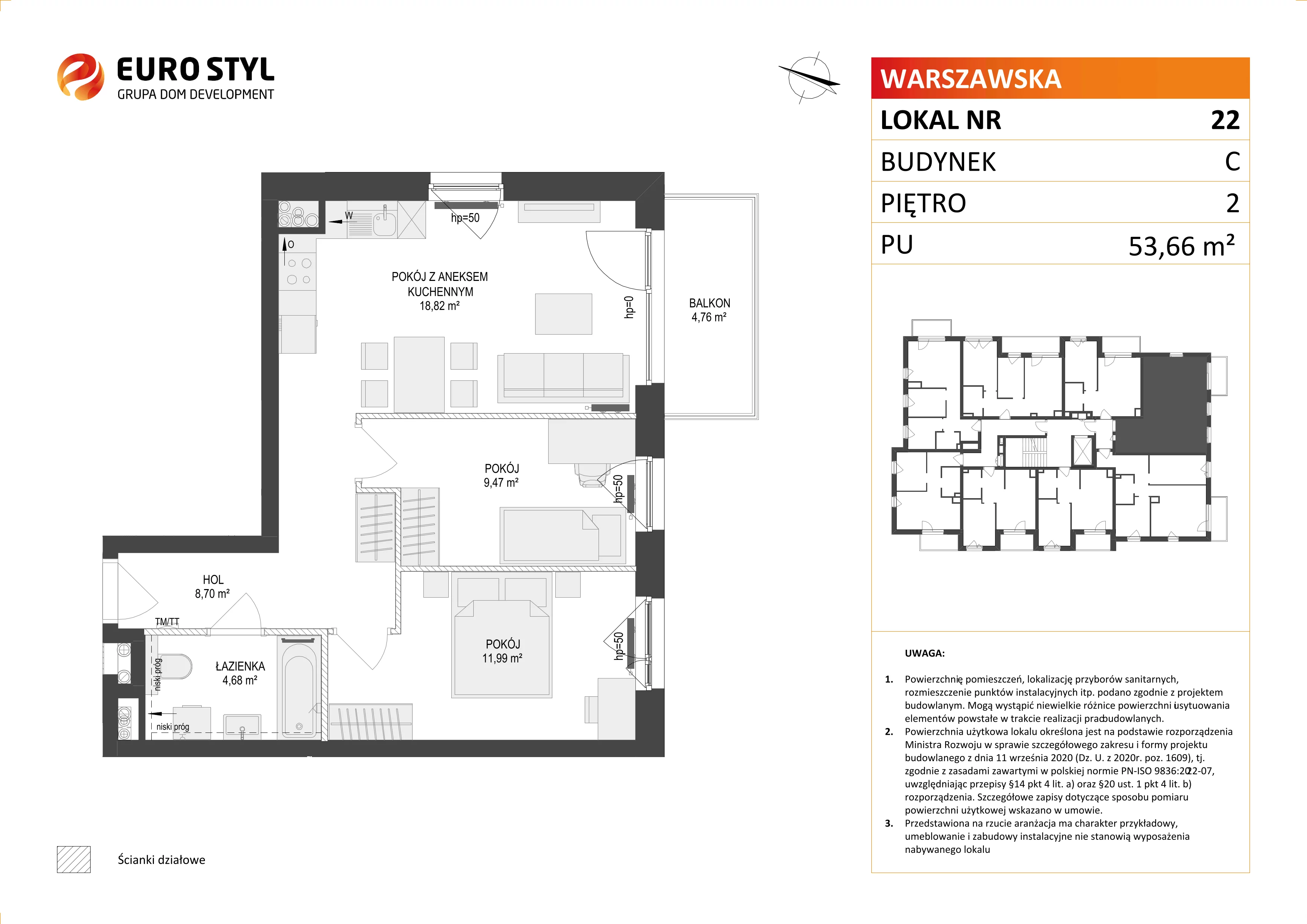 3 pokoje, mieszkanie 53,66 m², piętro 2, oferta nr C/22, Osiedle Warszawska - etap II, Gdańsk, Ujeścisko-Łostowice, Ujeścisko, ul. Warszawska
