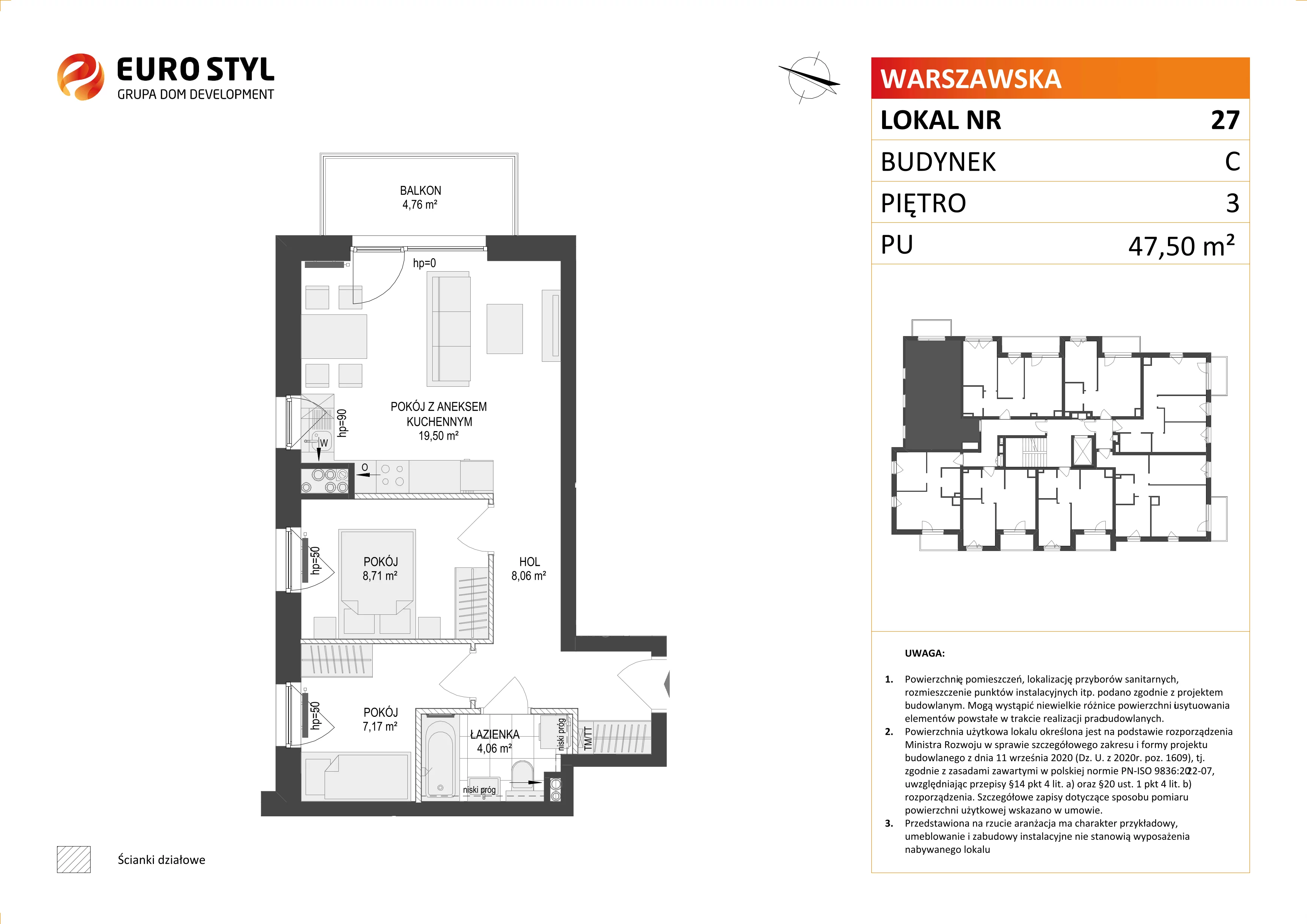 3 pokoje, mieszkanie 47,50 m², piętro 3, oferta nr C/27, Osiedle Warszawska - etap II, Gdańsk, Ujeścisko-Łostowice, Ujeścisko, ul. Warszawska