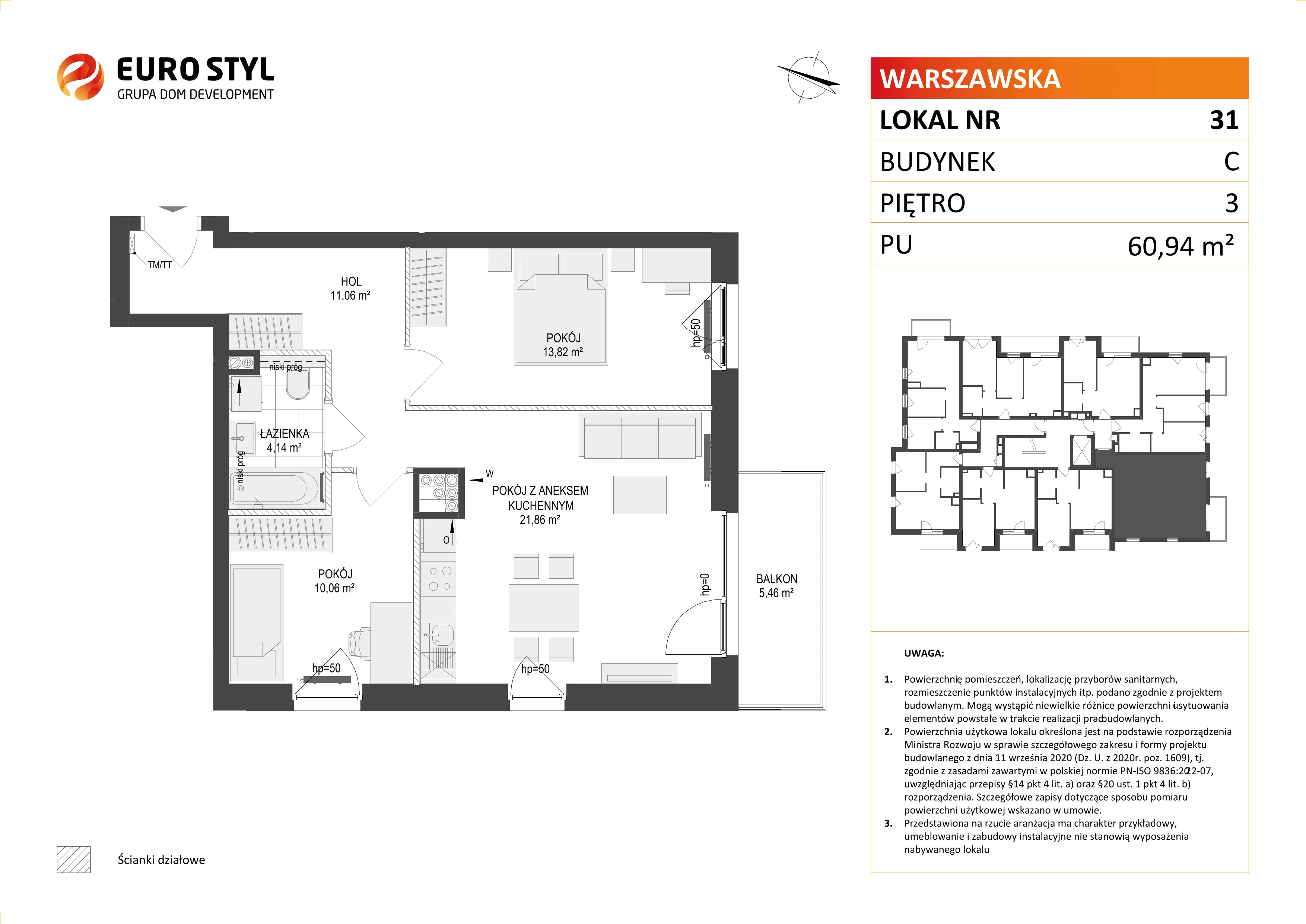 3 pokoje, mieszkanie 60,94 m², piętro 3, oferta nr C/31, Osiedle Warszawska - etap II, Gdańsk, Ujeścisko-Łostowice, Ujeścisko, ul. Warszawska
