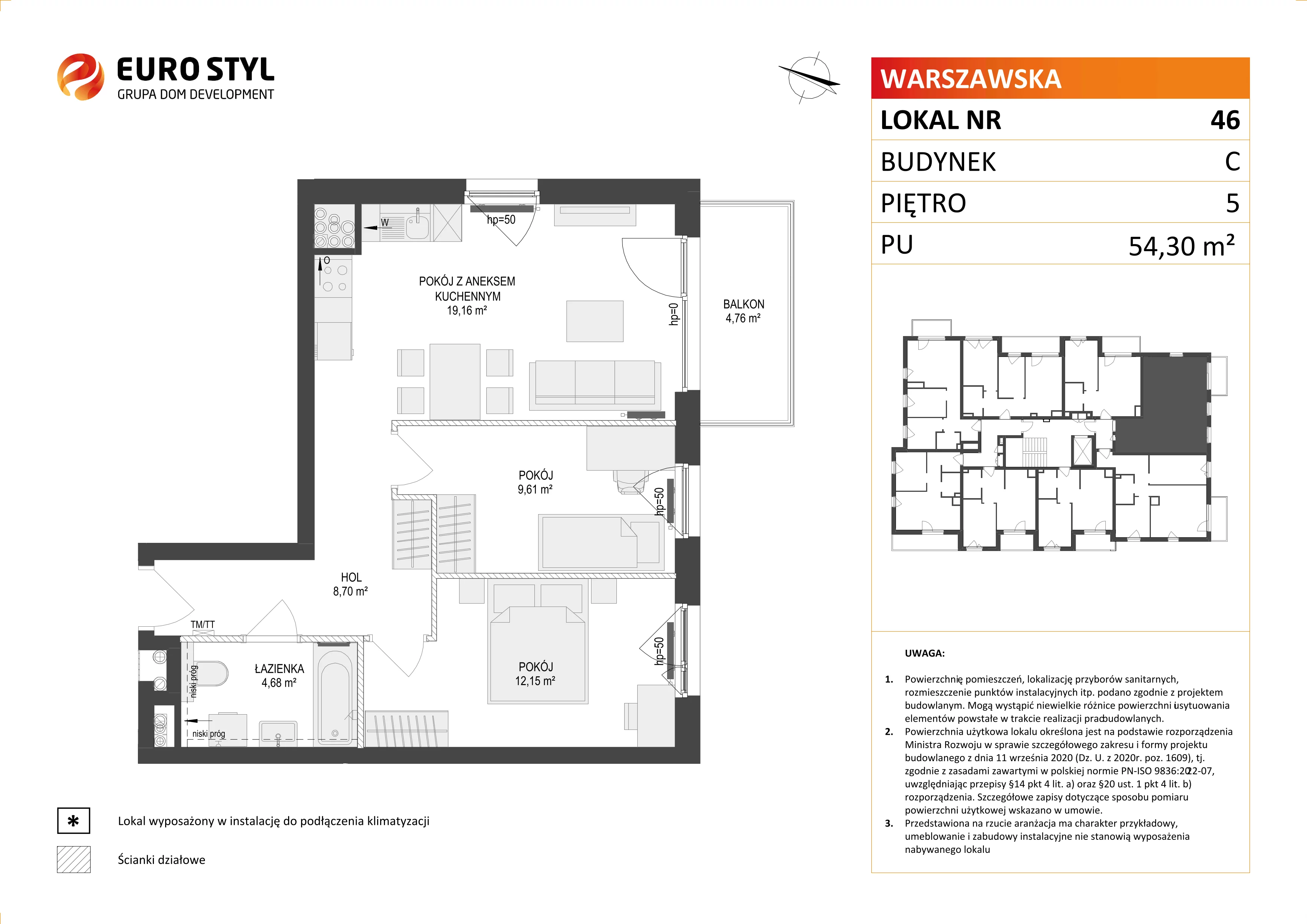 3 pokoje, mieszkanie 54,30 m², piętro 5, oferta nr C/46, Osiedle Warszawska - etap II, Gdańsk, Ujeścisko-Łostowice, Ujeścisko, ul. Warszawska