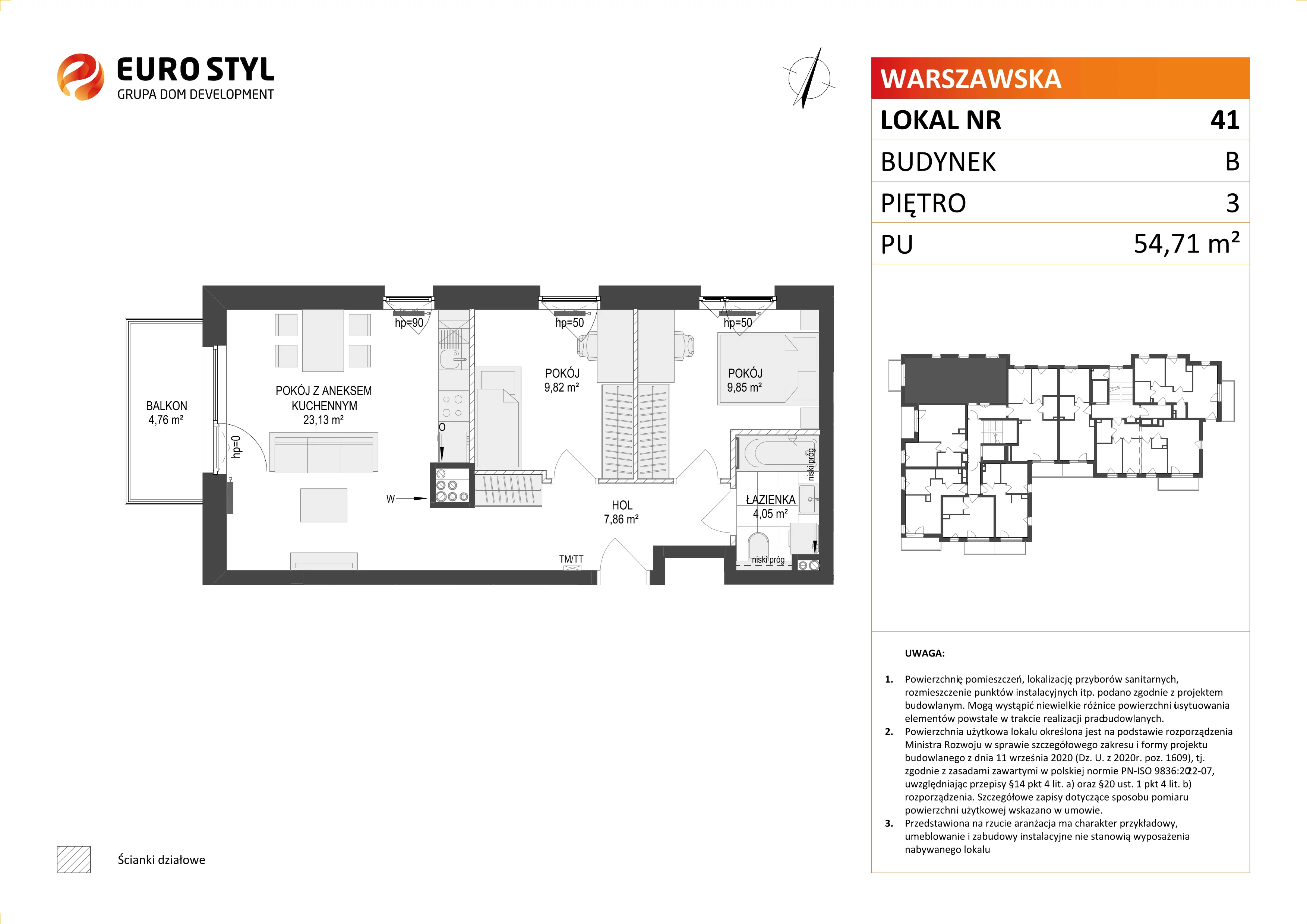 3 pokoje, mieszkanie 54,71 m², piętro 3, oferta nr B/41, Osiedle Warszawska - etap III, Gdańsk, Ujeścisko-Łostowice, Ujeścisko, ul. Warszawska