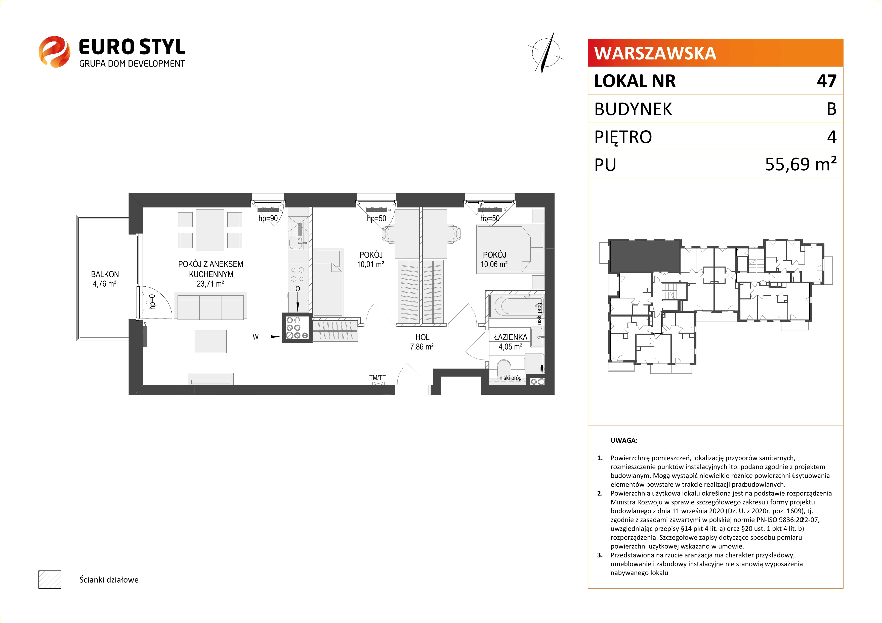 3 pokoje, mieszkanie 55,69 m², piętro 4, oferta nr B/47, Osiedle Warszawska - etap III, Gdańsk, Ujeścisko-Łostowice, Ujeścisko, ul. Warszawska