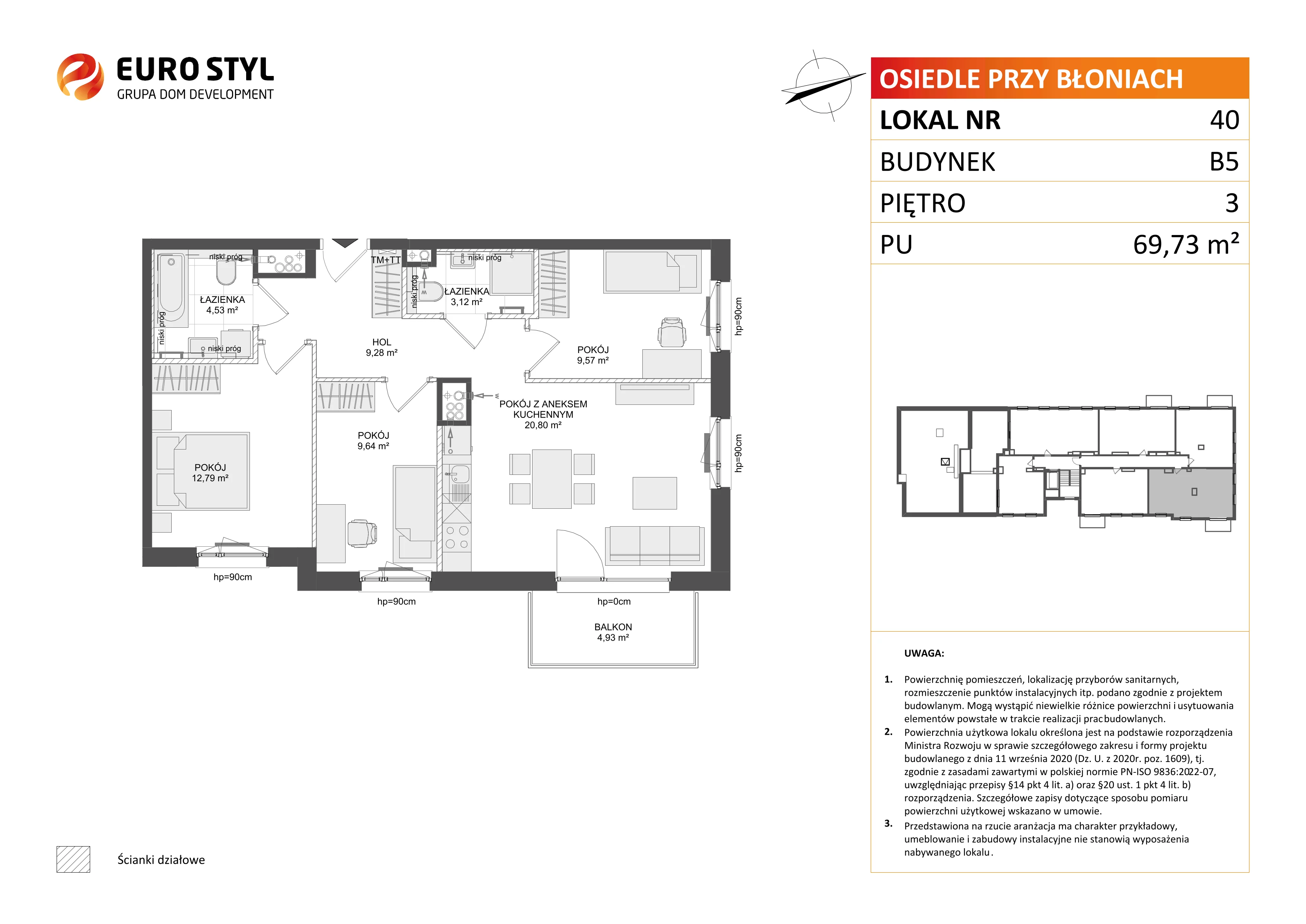 4 pokoje, mieszkanie 69,73 m², piętro 3, oferta nr B5/40, Osiedle przy Błoniach 3 - etap IV, Rumia, Janowo, ul. Błoń Janowskich 