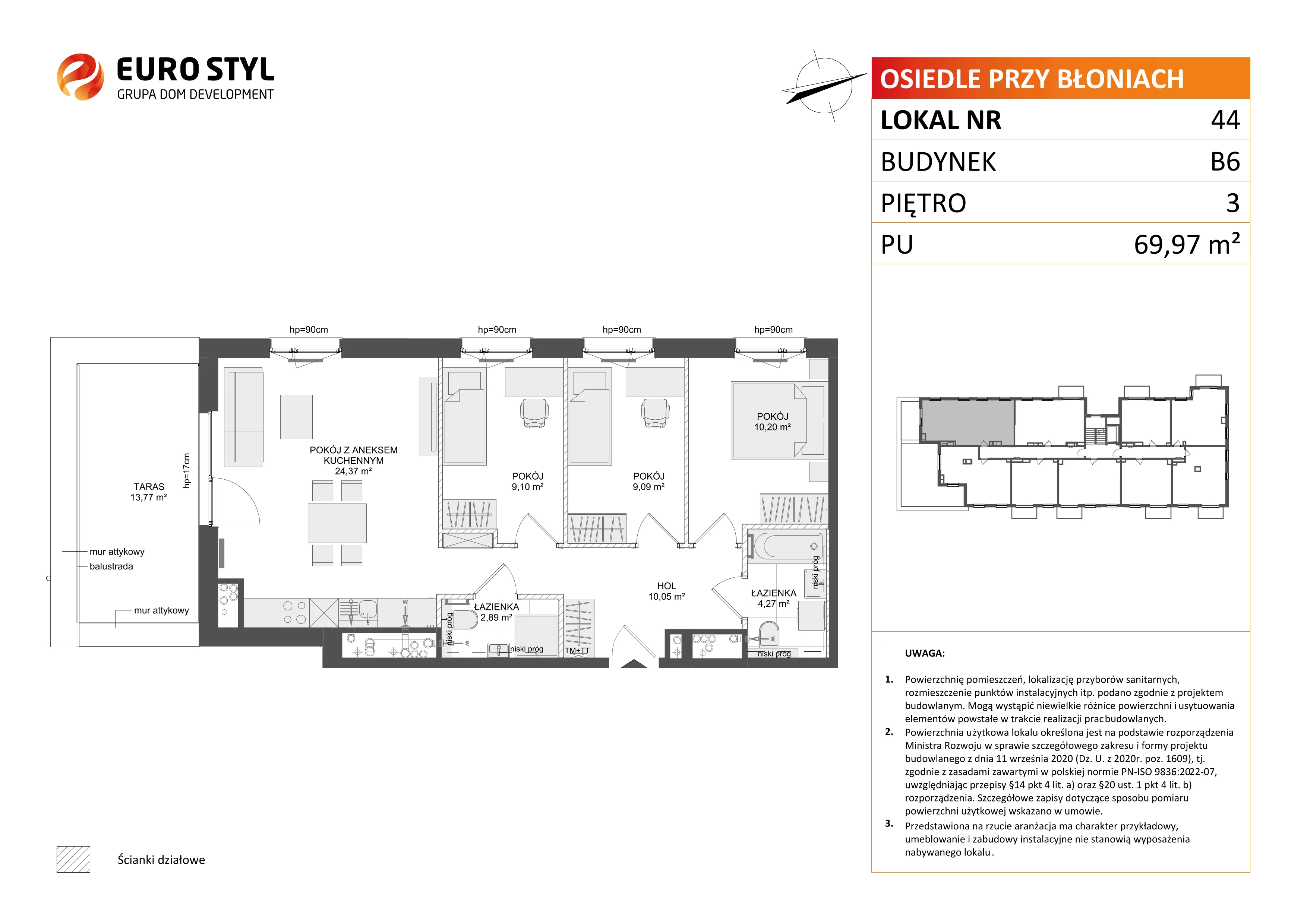4 pokoje, mieszkanie 69,97 m², piętro 3, oferta nr B6/44, Osiedle przy Błoniach 3 - etap IV, Rumia, Janowo, ul. Błoń Janowskich 