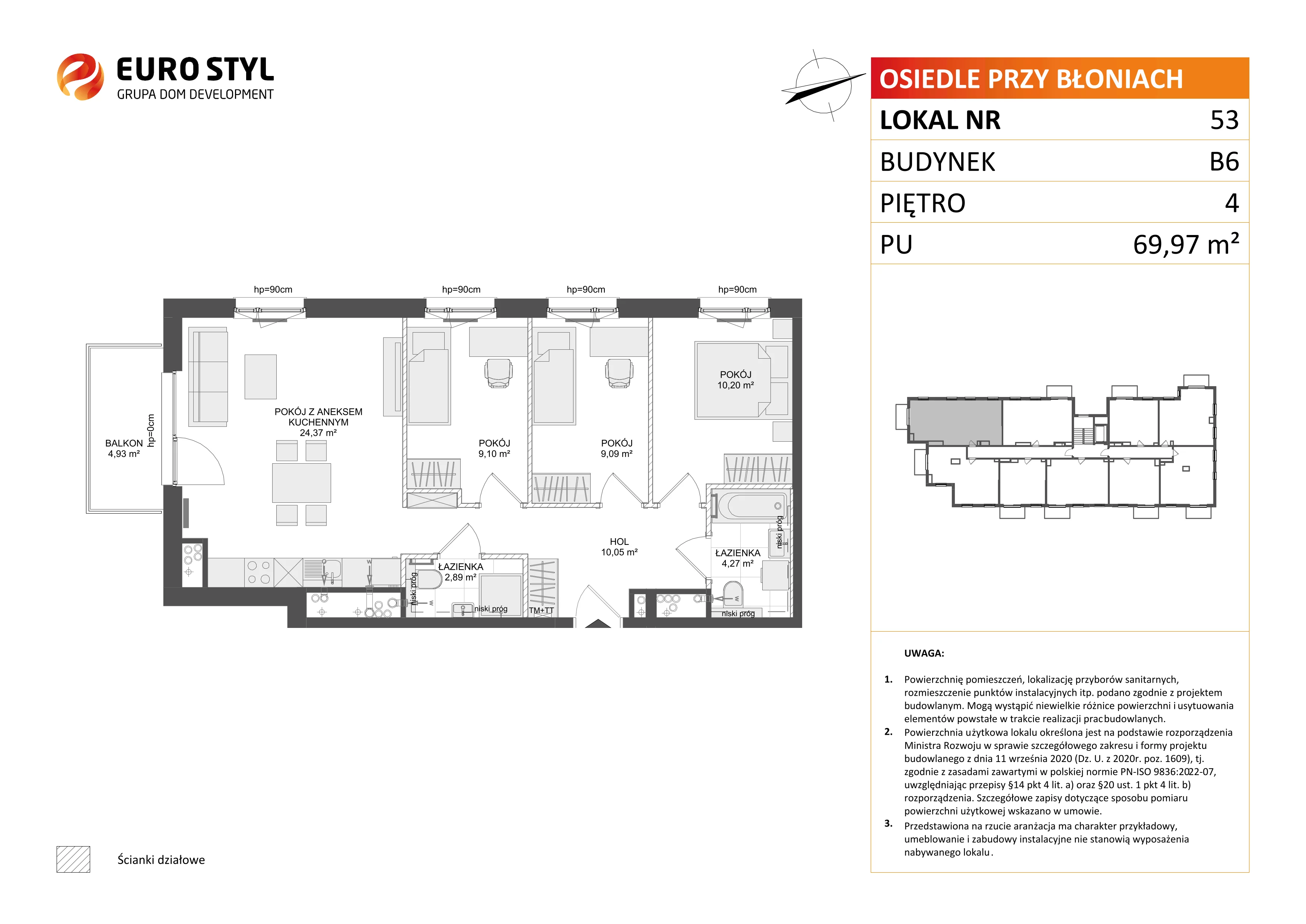 4 pokoje, mieszkanie 69,97 m², piętro 4, oferta nr B6/53, Osiedle przy Błoniach 3 - etap IV, Rumia, Janowo, ul. Błoń Janowskich 