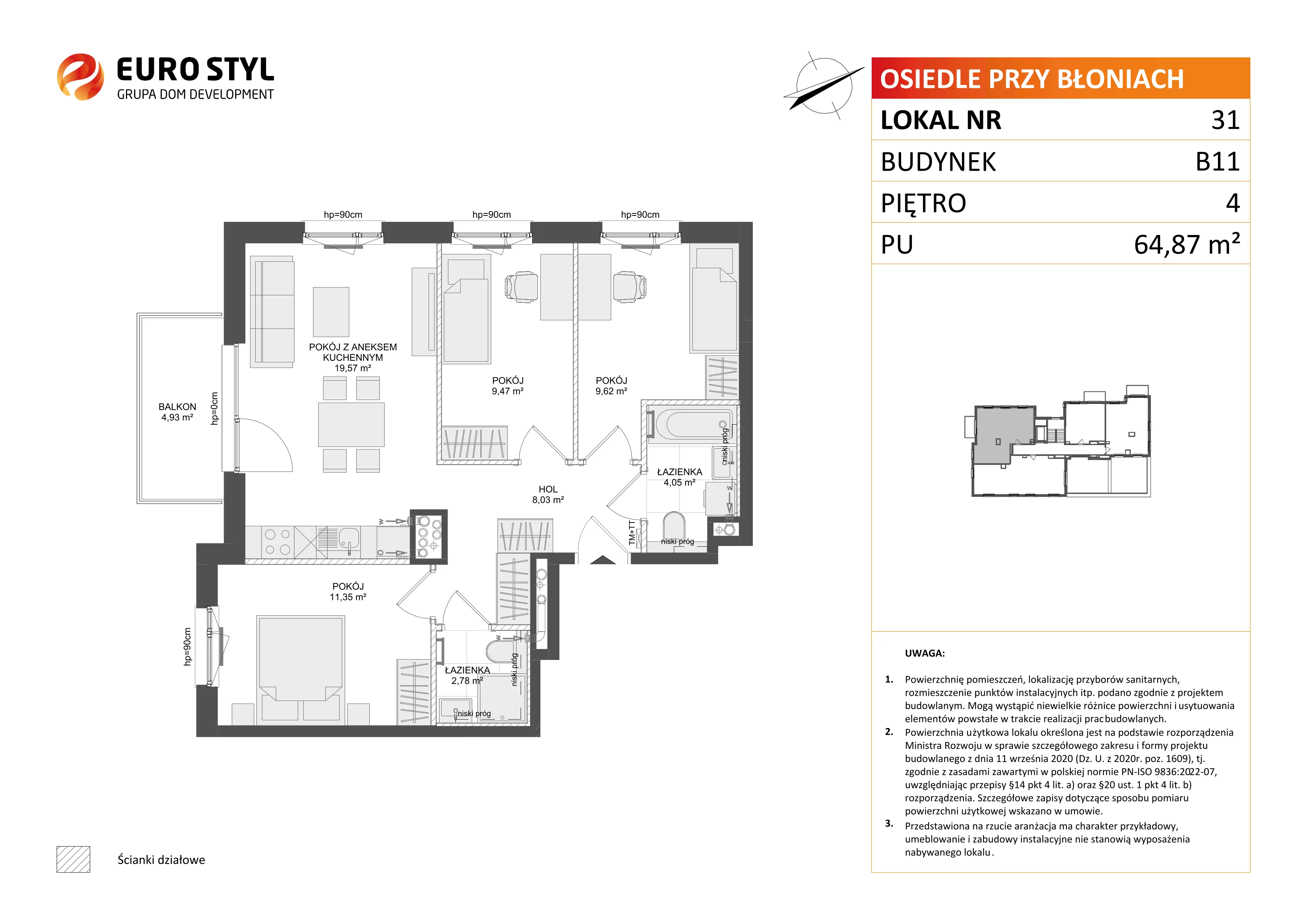 4 pokoje, mieszkanie 64,87 m², piętro 4, oferta nr B11/31, Osiedle przy Błoniach 3 - etap IV, Rumia, Janowo, ul. Błoń Janowskich 