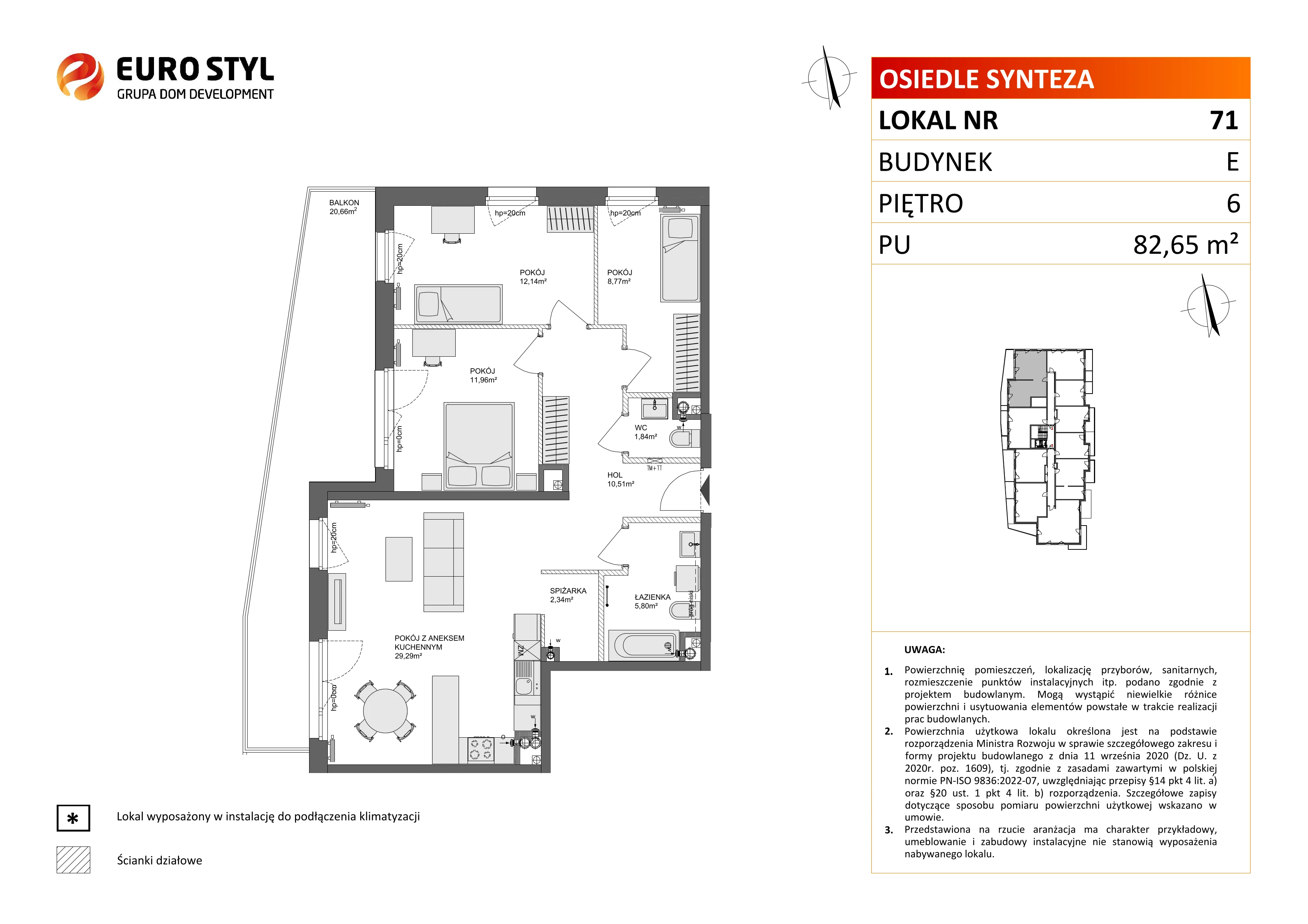 4 pokoje, mieszkanie 82,65 m², piętro 6, oferta nr E/71, Osiedle Synteza bud. E, F, Gdańsk, Piecki-Migowo, Morena, ul. Lema