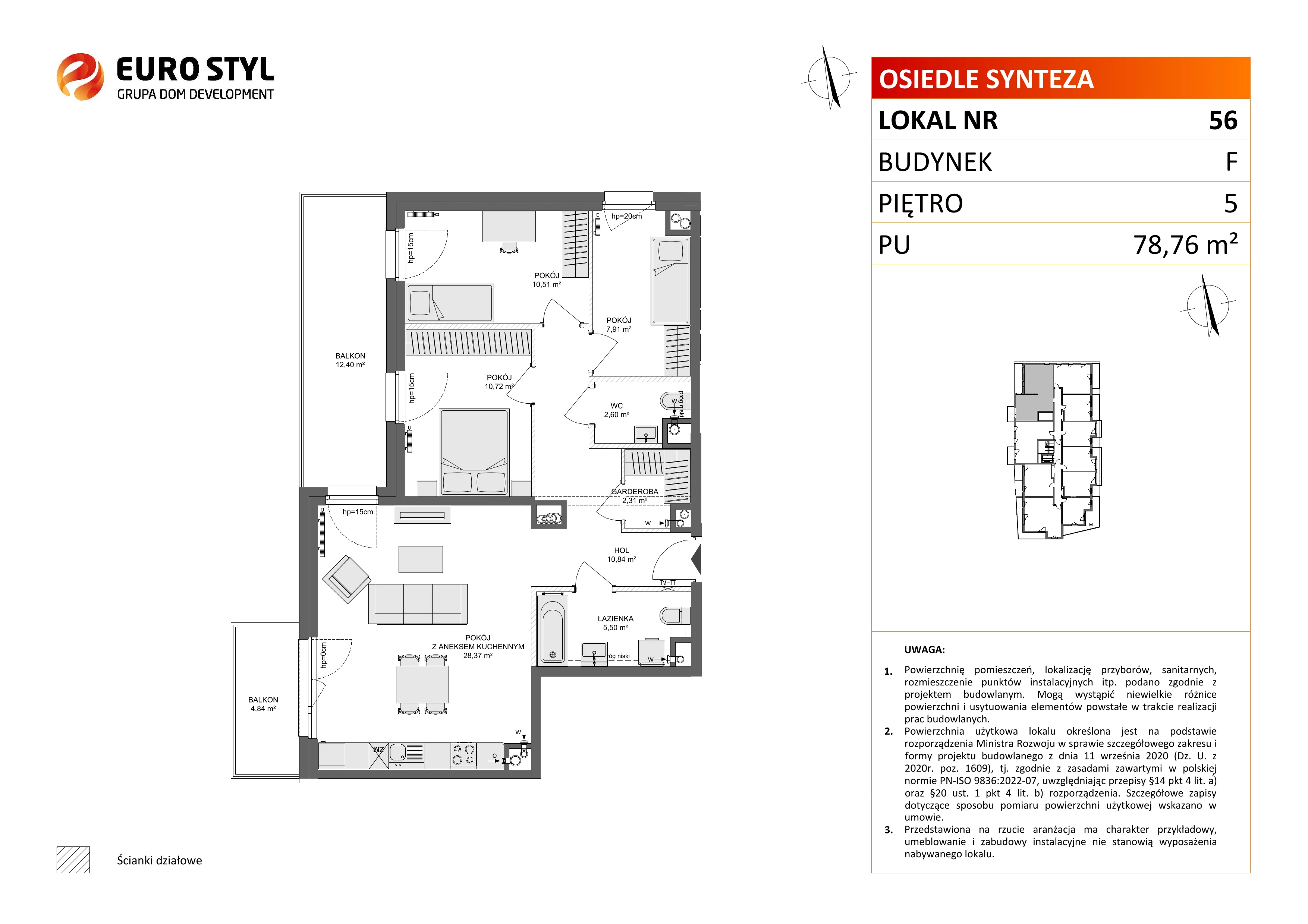 4 pokoje, mieszkanie 78,76 m², piętro 5, oferta nr F/56, Osiedle Synteza bud. E, F, Gdańsk, Piecki-Migowo, Morena, ul. Lema