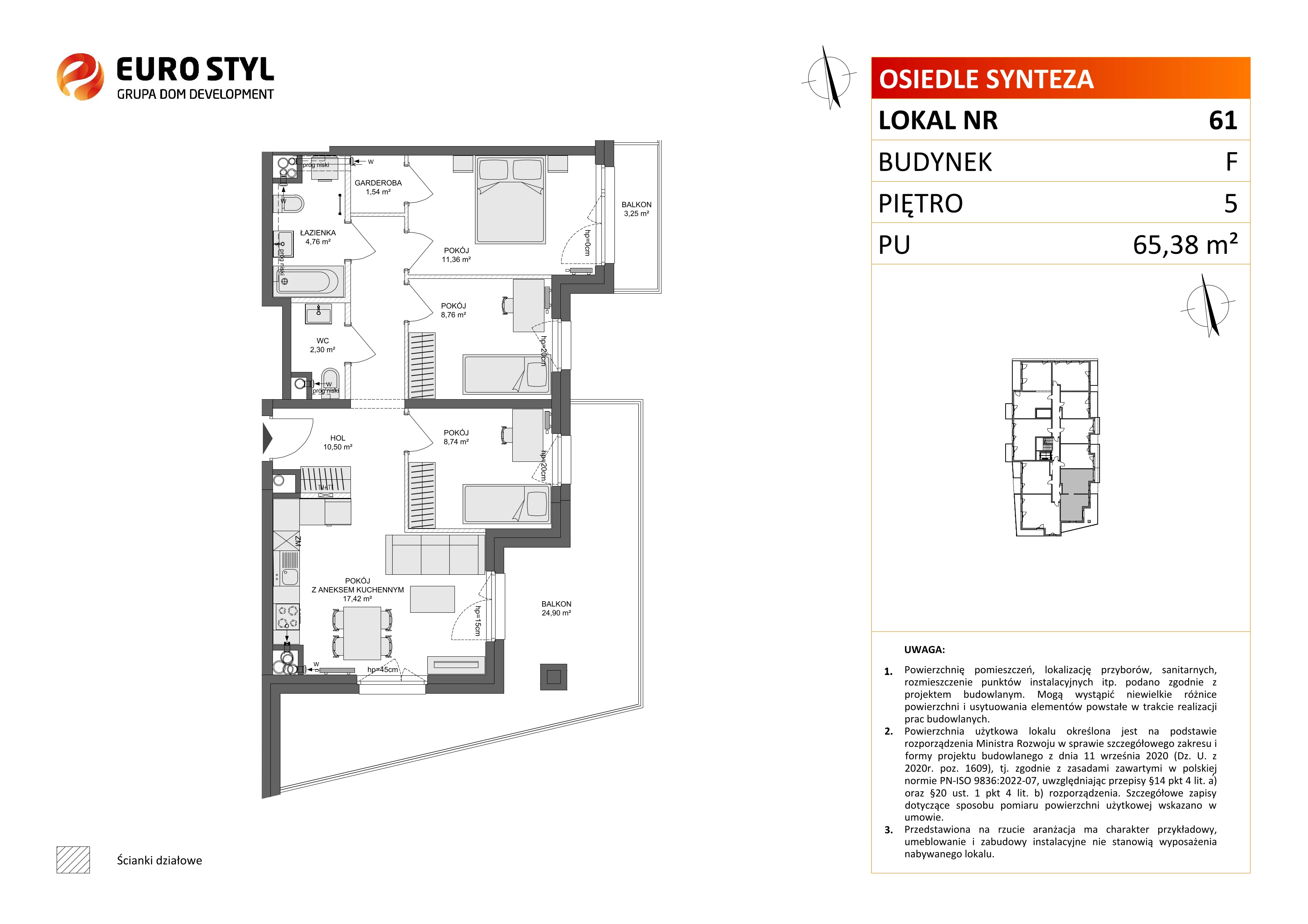 4 pokoje, mieszkanie 65,38 m², piętro 5, oferta nr F/61, Osiedle Synteza bud. E, F, Gdańsk, Piecki-Migowo, Morena, ul. Lema