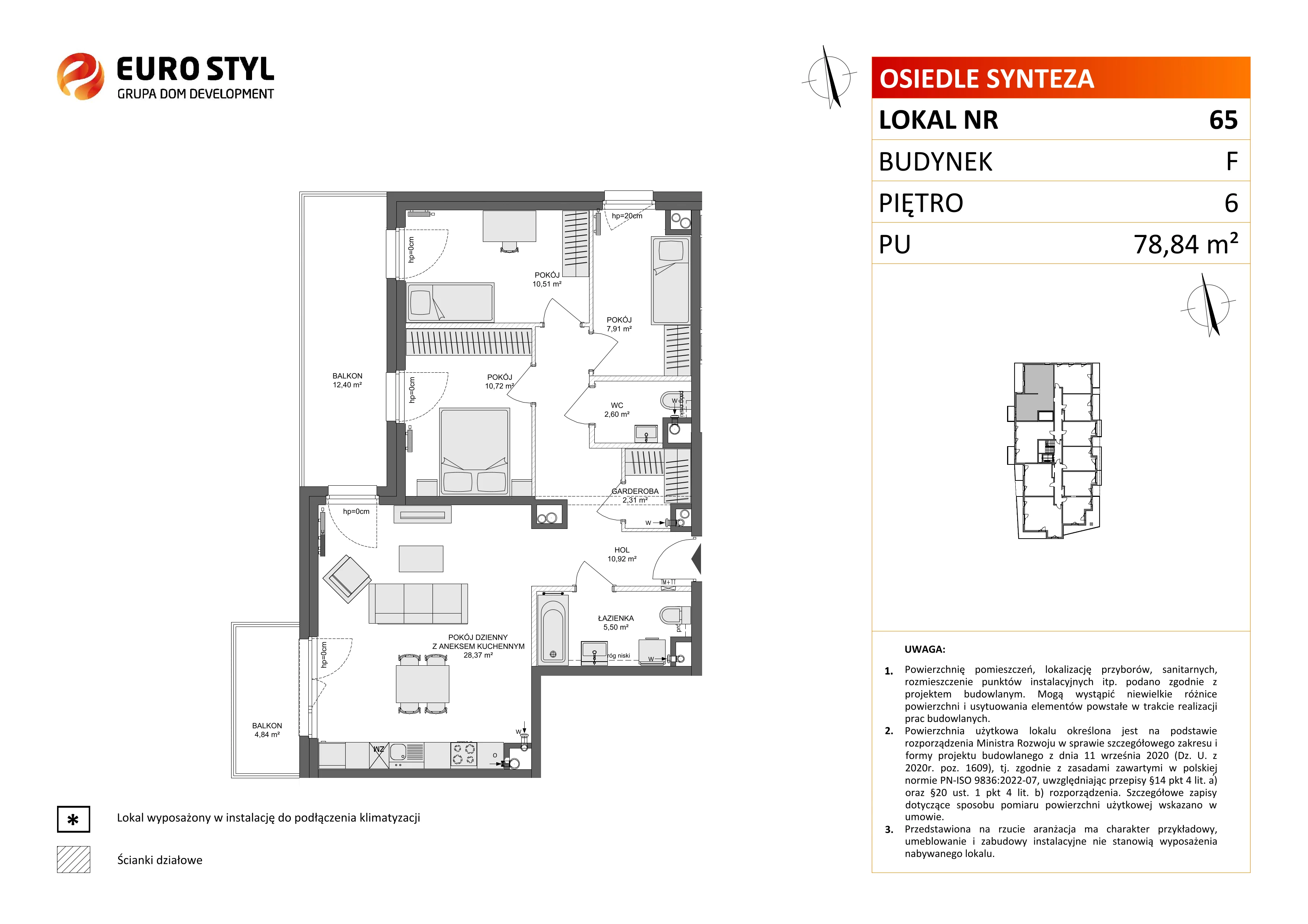 4 pokoje, mieszkanie 78,91 m², piętro 6, oferta nr F/65, Osiedle Synteza bud. E, F, Gdańsk, Piecki-Migowo, Morena, ul. Lema