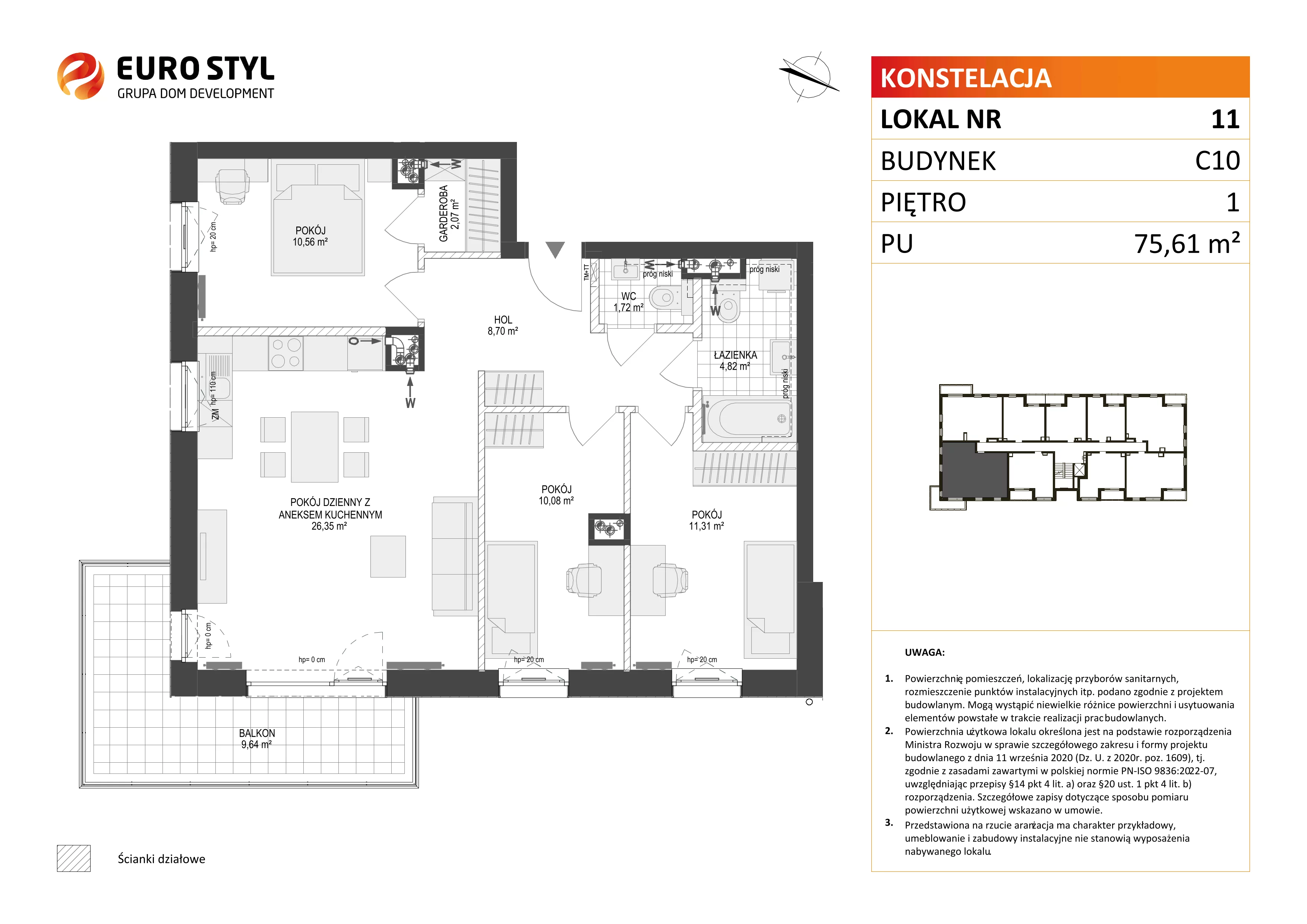 4 pokoje, mieszkanie 75,61 m², piętro 1, oferta nr C10/11, Konstelacja - etap III, Gdynia, Pogórze, ul. Paderewskiego