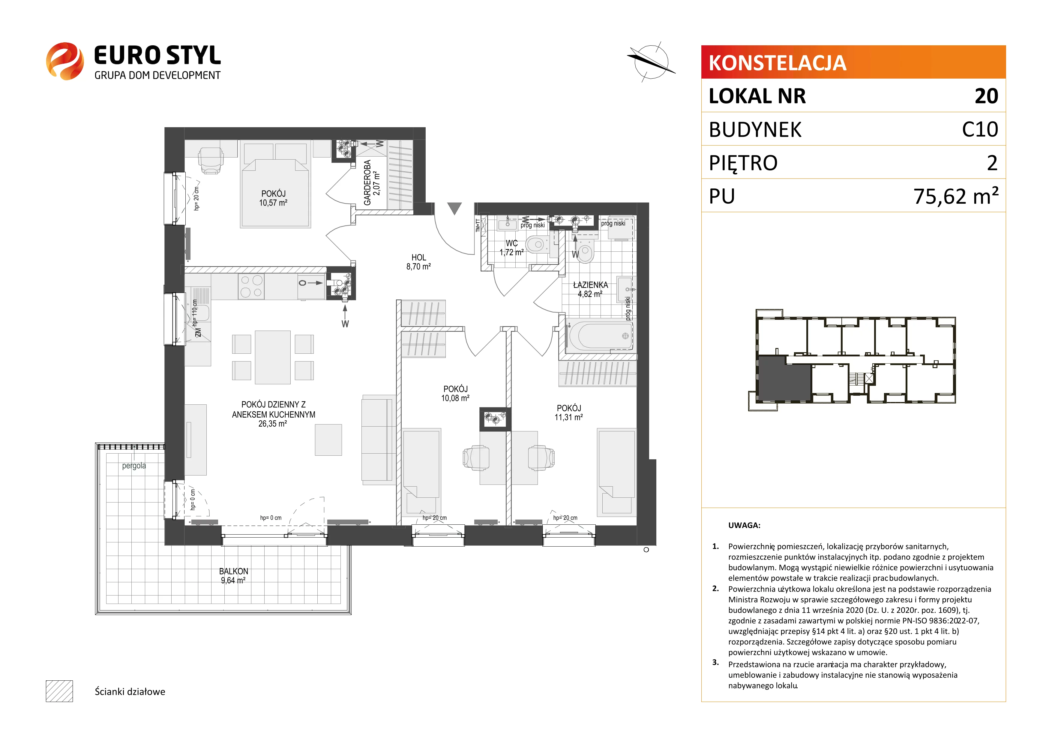 4 pokoje, mieszkanie 75,62 m², piętro 2, oferta nr C10/20, Konstelacja - etap III, Gdynia, Pogórze, ul. Paderewskiego