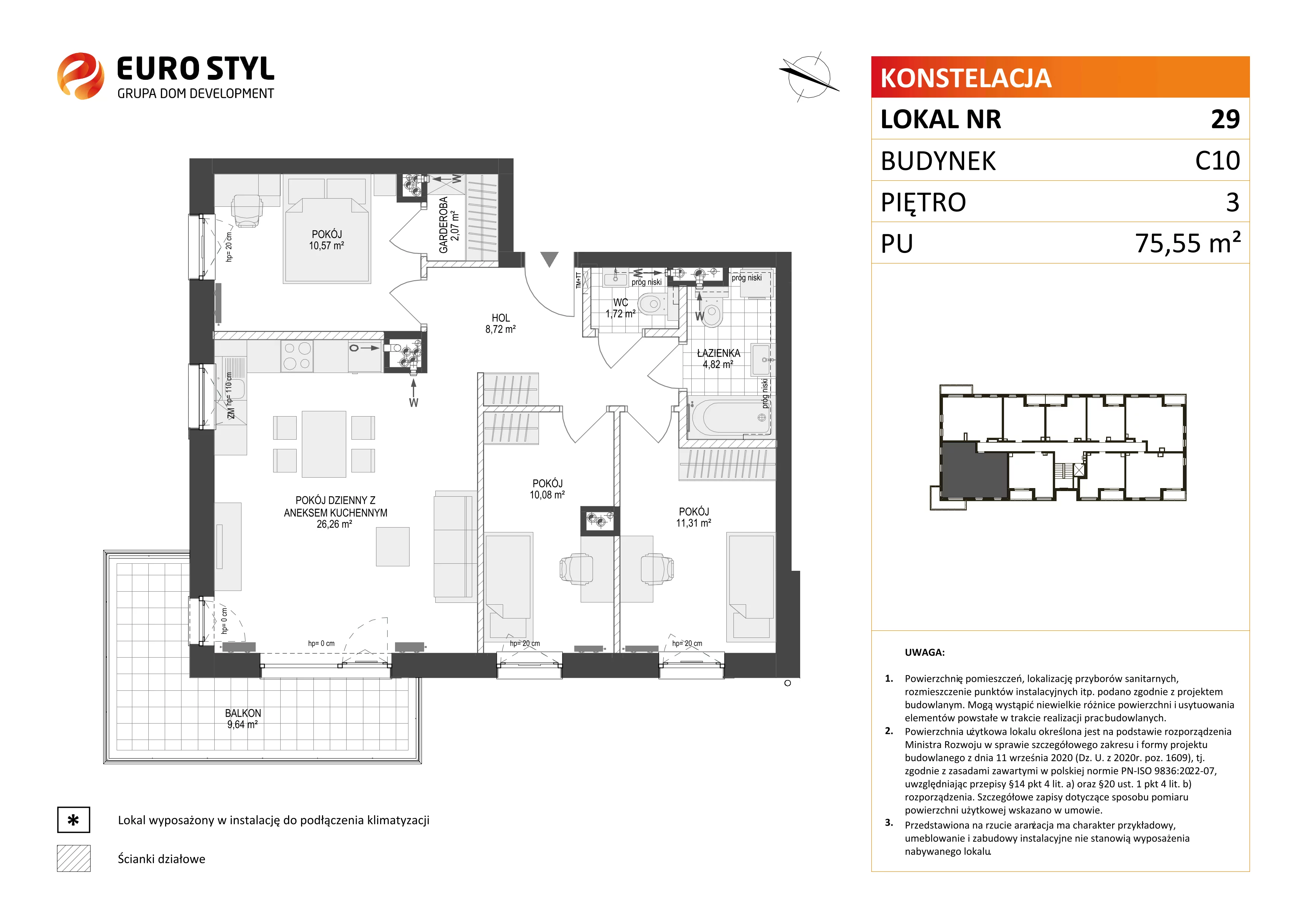 4 pokoje, mieszkanie 75,55 m², piętro 3, oferta nr C10/29, Konstelacja - etap III, Gdynia, Pogórze, ul. Paderewskiego