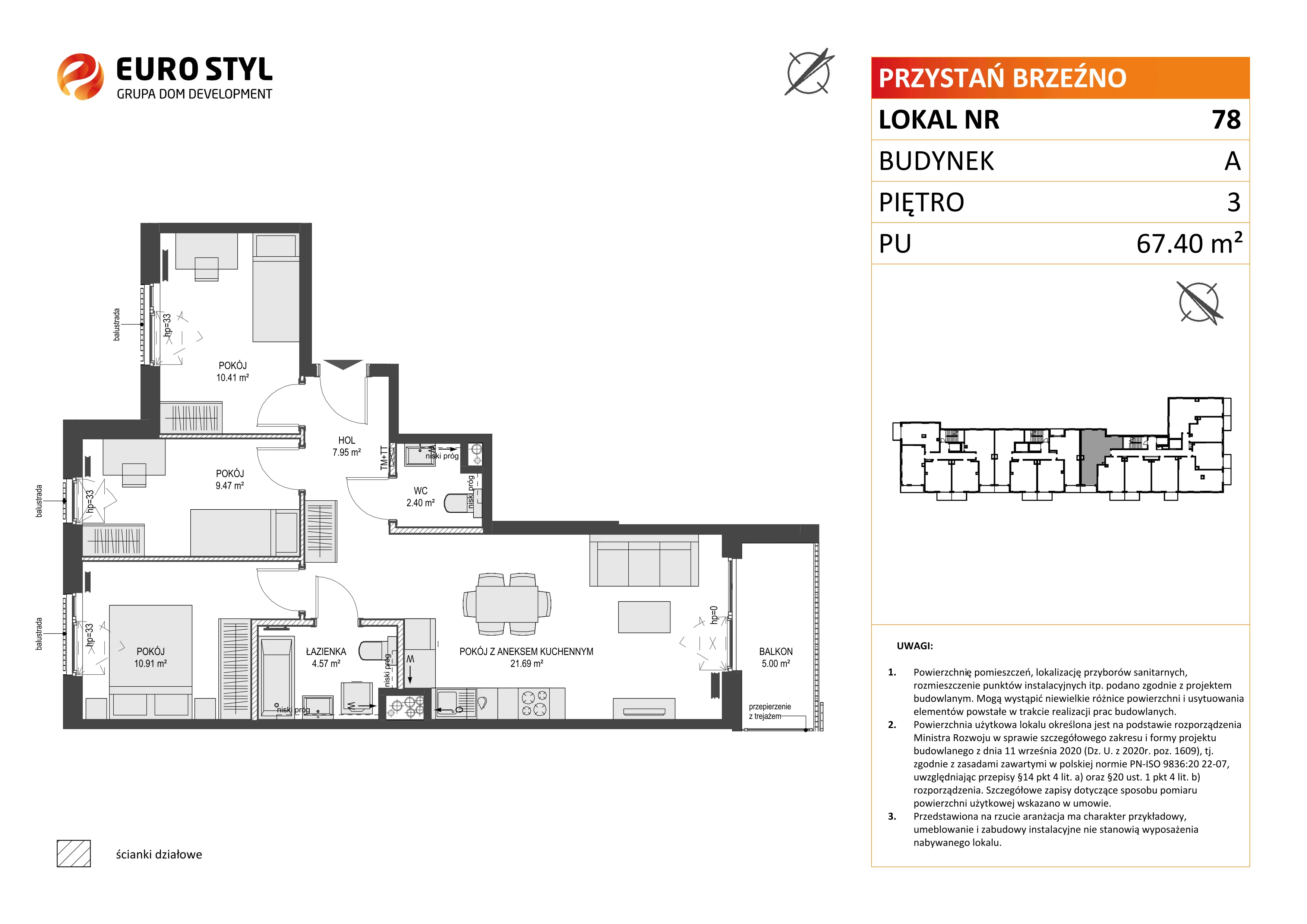 4 pokoje, mieszkanie 67,40 m², piętro 3, oferta nr A/78, Przystań Brzeźno, Gdańsk, Brzeźno, ul. Uczniowska