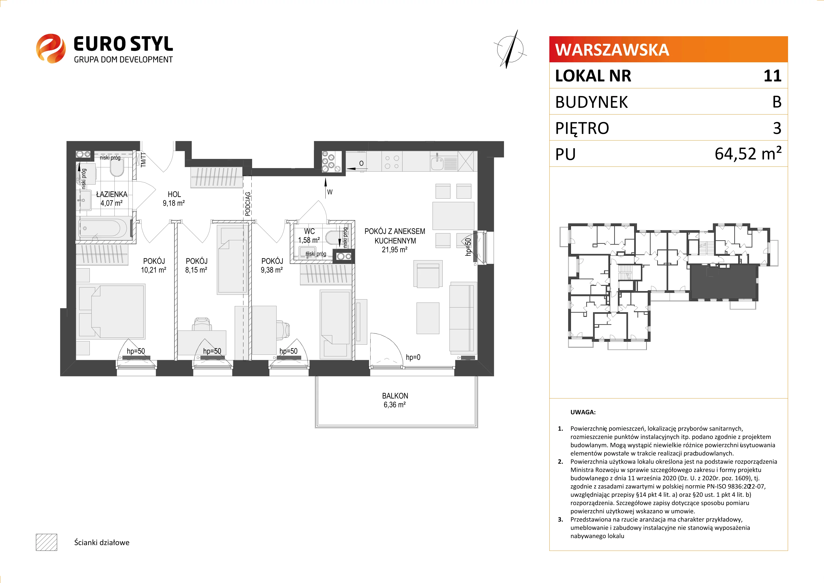 4 pokoje, mieszkanie 64,52 m², piętro 3, oferta nr B/11, Osiedle Warszawska - etap III, Gdańsk, Ujeścisko-Łostowice, Ujeścisko, ul. Warszawska