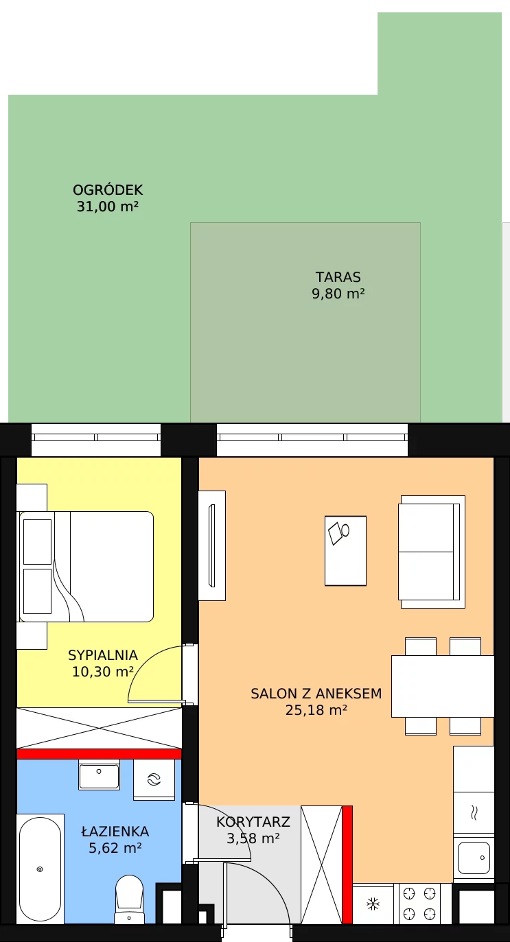 2 pokoje, mieszkanie 45,51 m², piętro 1, oferta nr CD/49, DOKI Living, Gdańsk, Śródmieście, ul. ks. Jerzego Popiełuszki