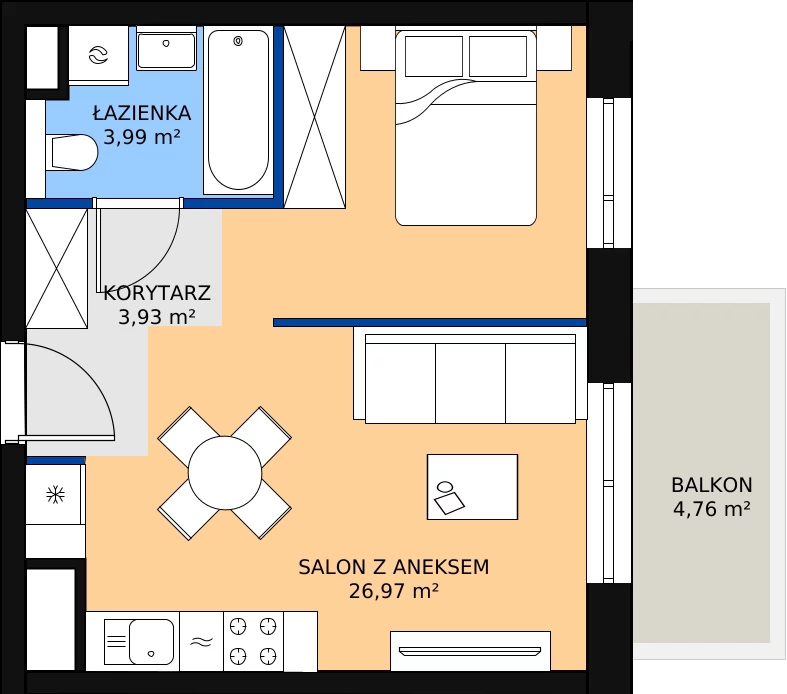Zalety mieszkania 34.89 m², B1/4